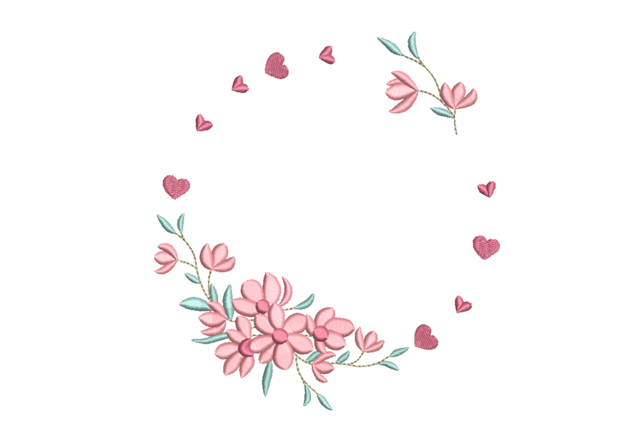 Heart Floral Wreath Monogram Frame Machine Embroidery Design