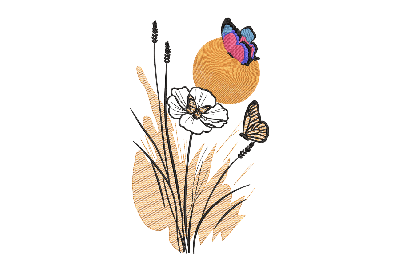 Butterfly Wildflower Sunset Botanical Machine Embroidery Design