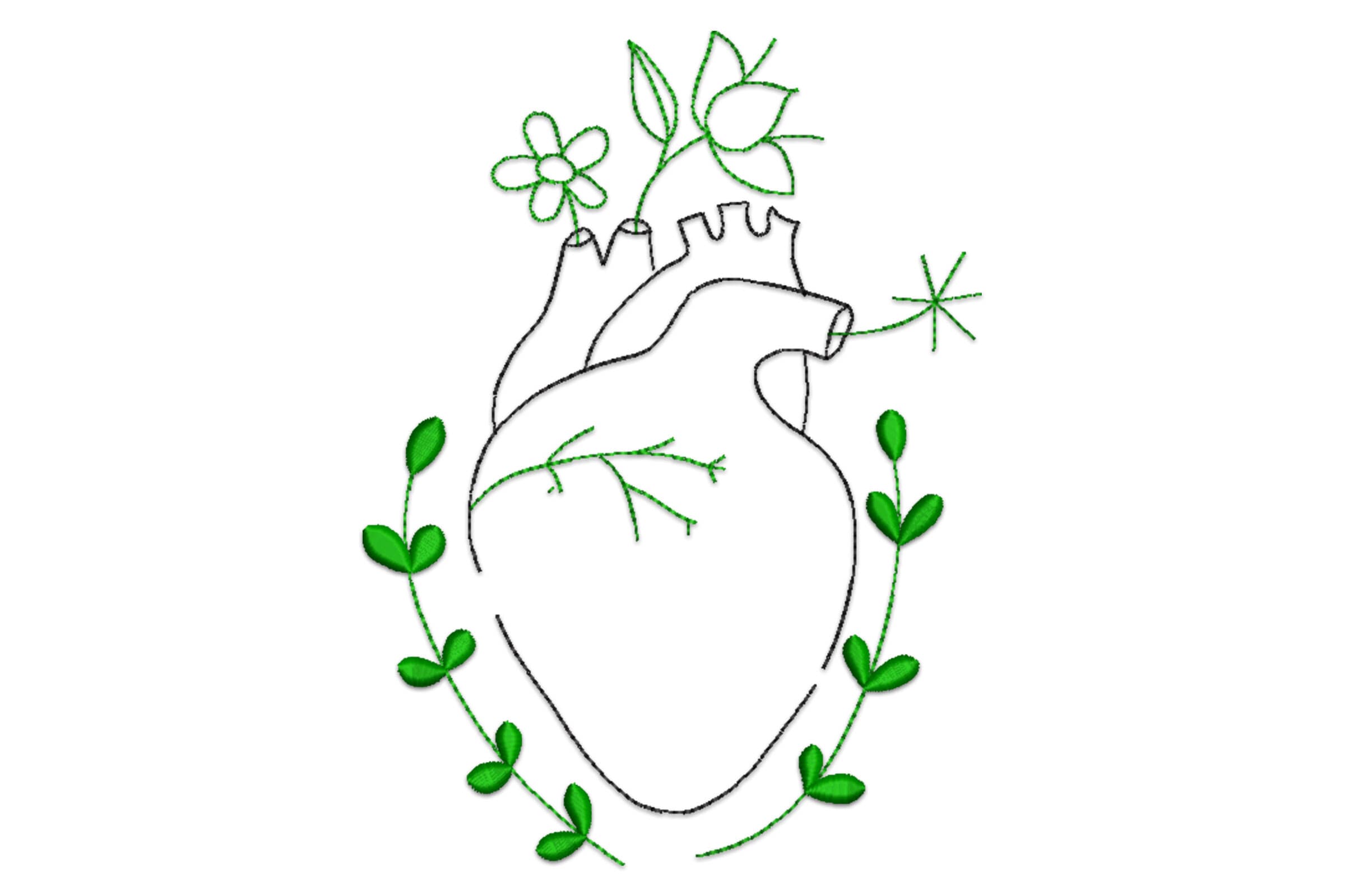 Free Human Heart Line Art Embroidery Design, Floral Anatomical Heart