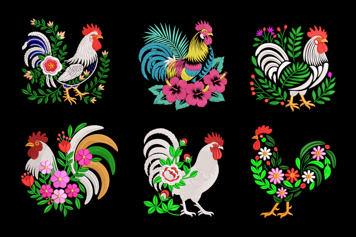 Floral Rooster Machine Embroidery Design Bundle