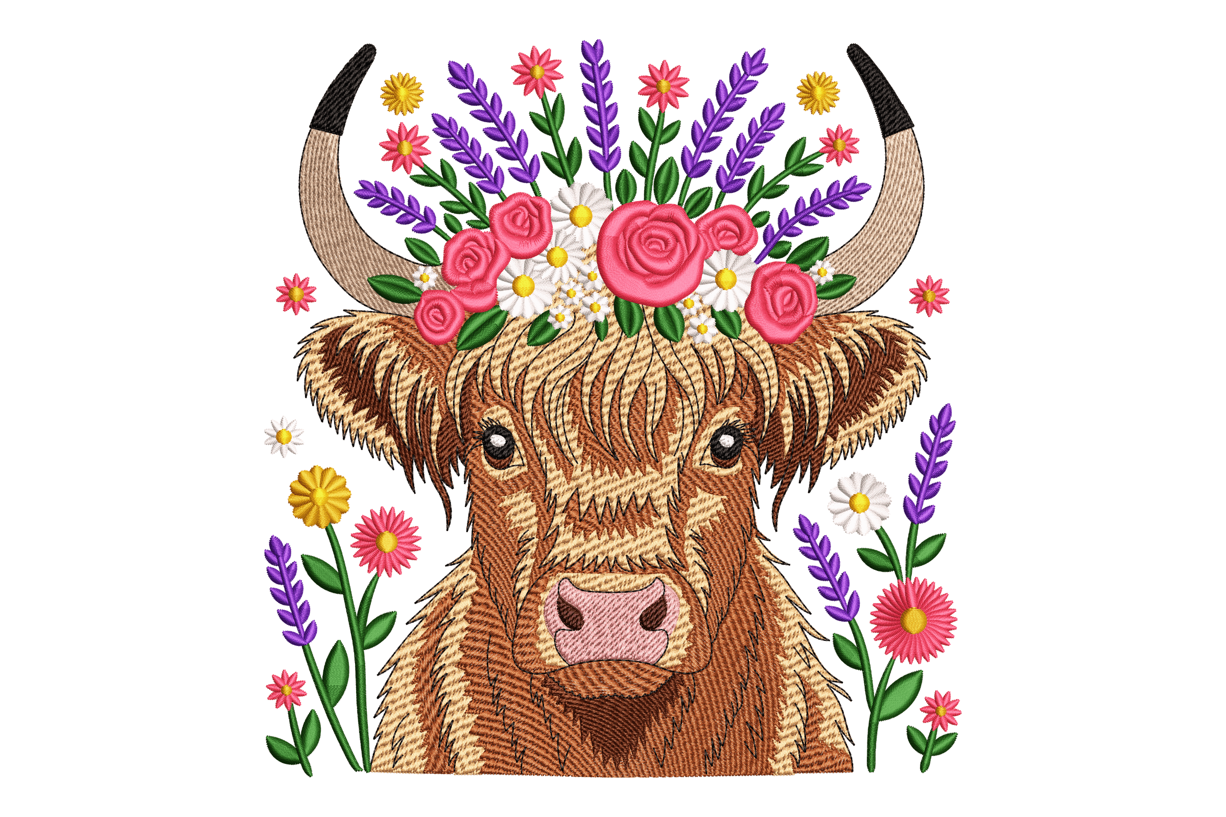 Floral Highland Cow Wildflowers Machine Embroidery Design
