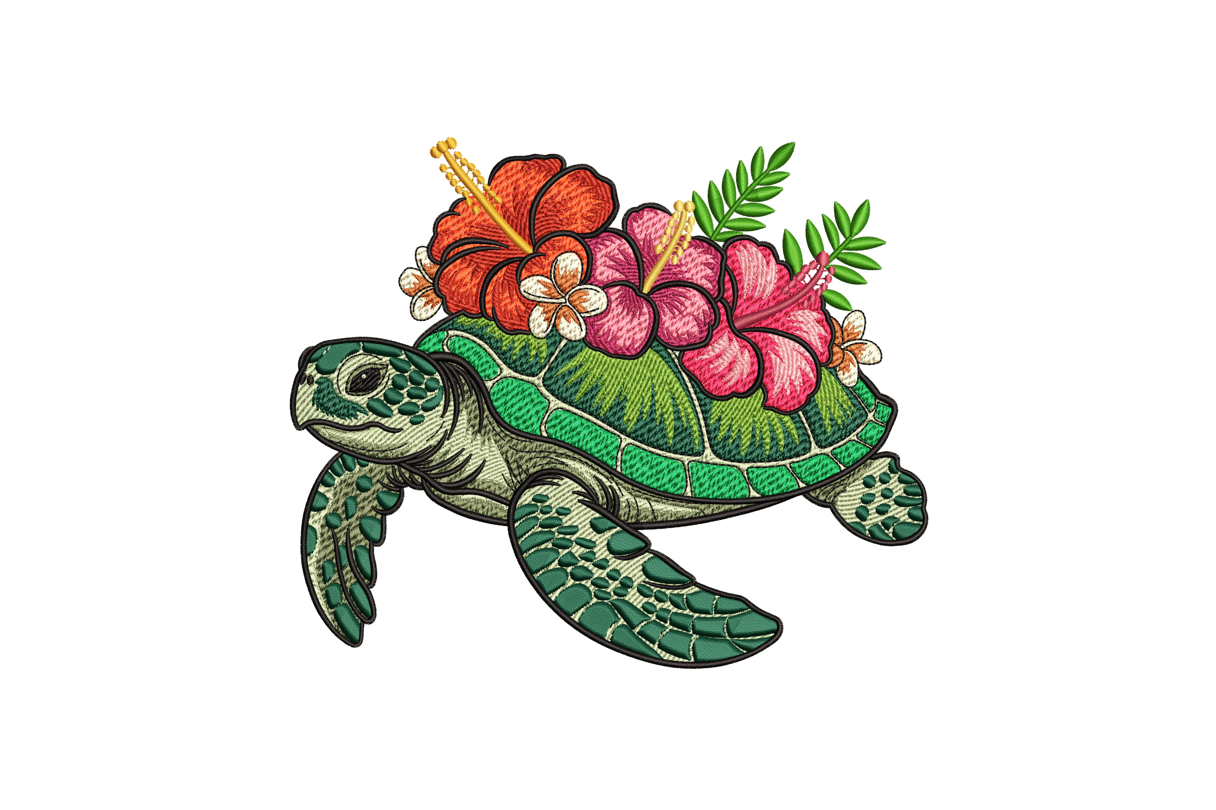 Tropical Sea Turtle with Hibiscus Machine Embroidery Design
