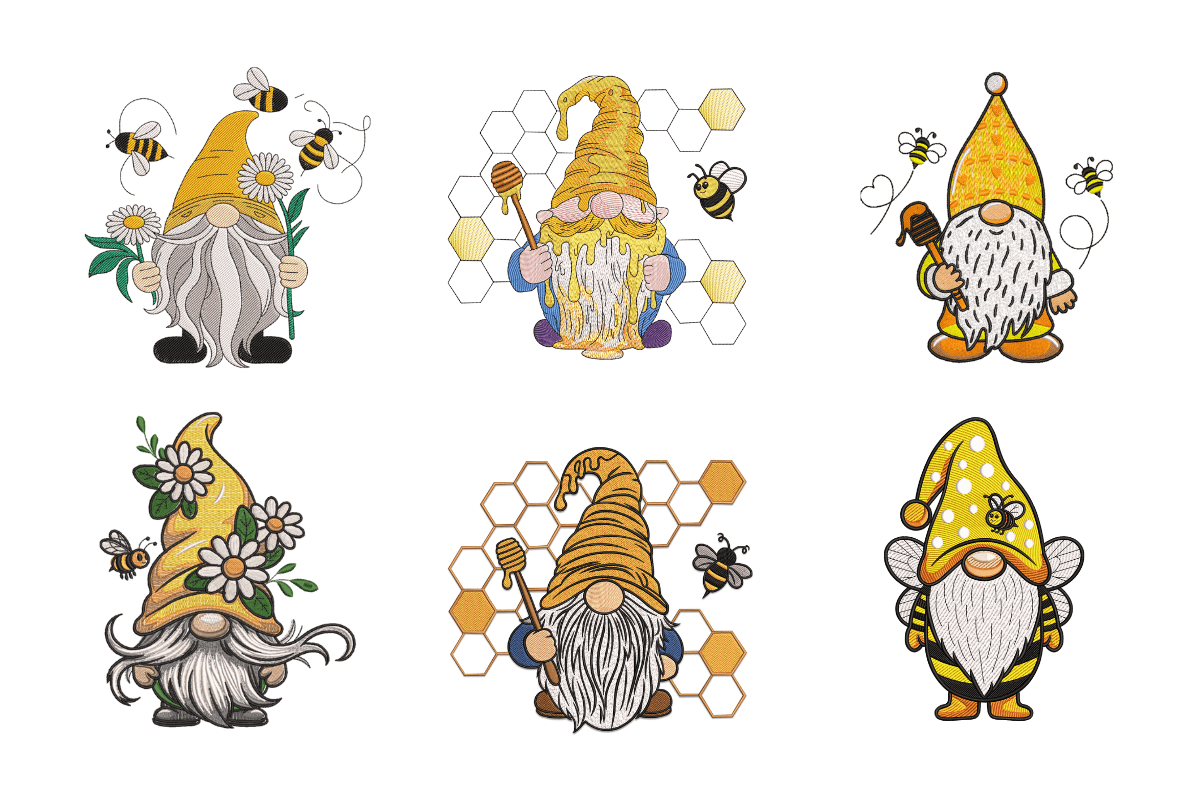 Honey Bee Gnome Machine Embroidery Design Bundle