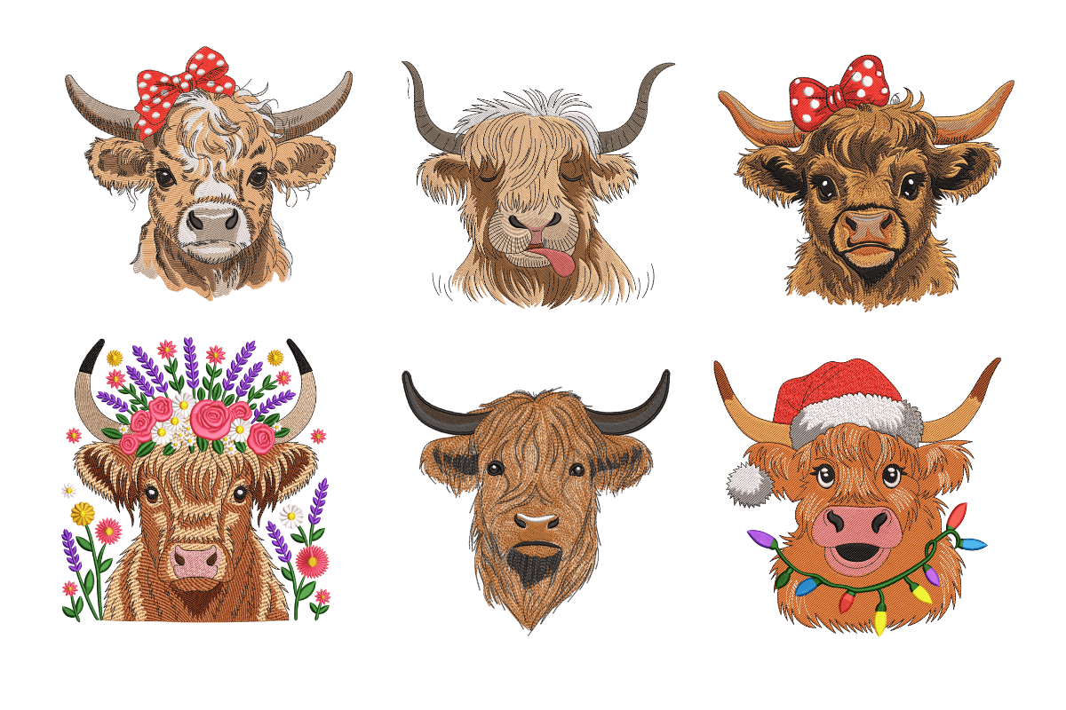 Highland Cow Machine Embroidery Design Bundle