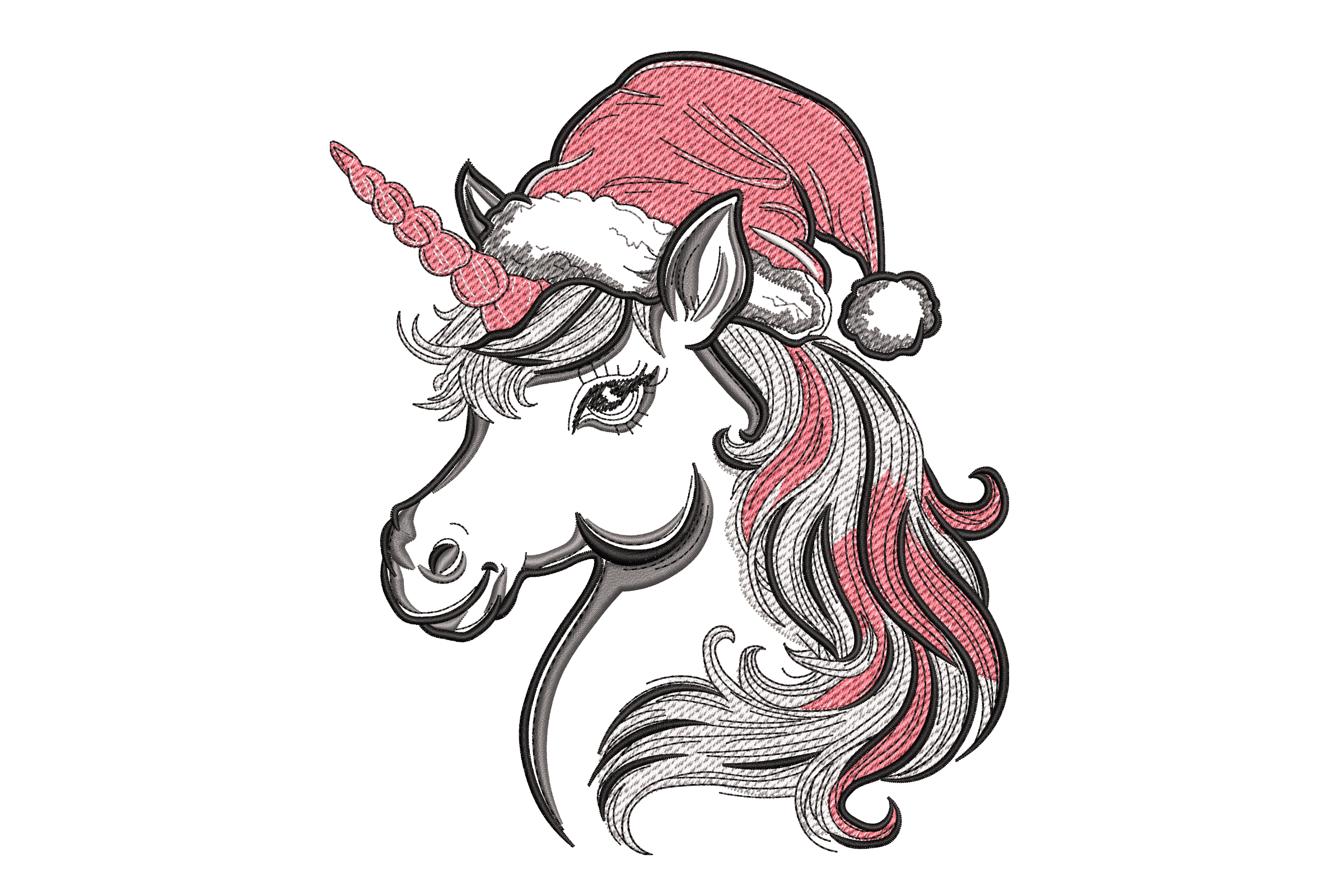 Christmas Unicorn Embroidery – Santa Hat & Swirl Mane