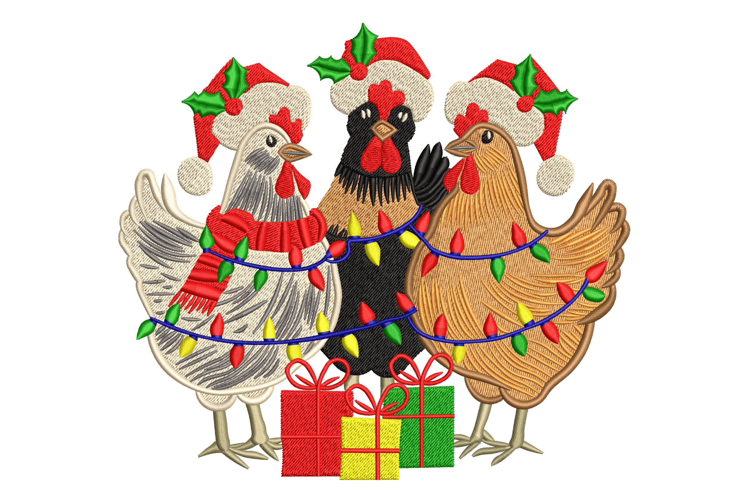 Christmas Chickens Embroidery design – Santa Hats & Lights