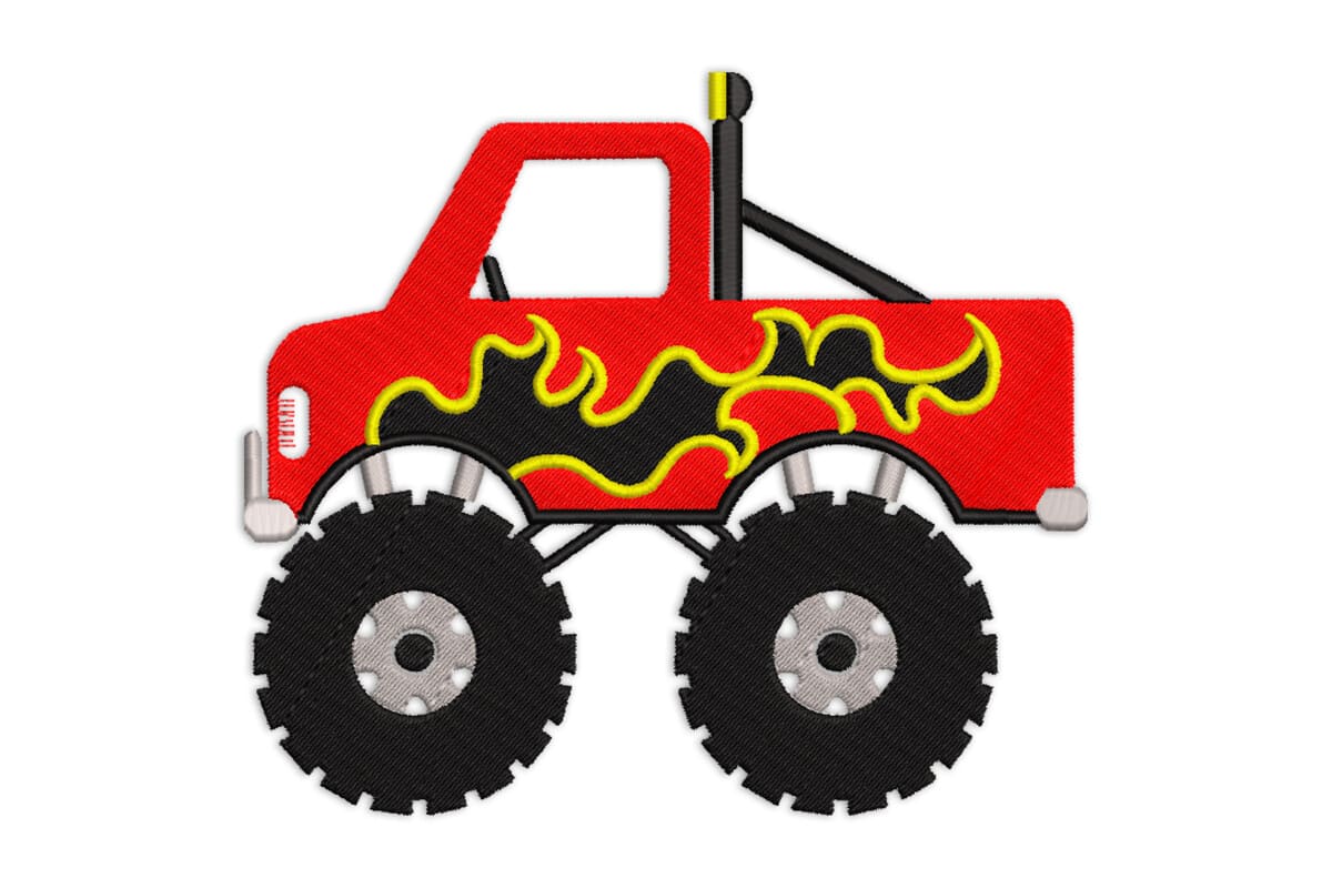 Flame Monster Truck Patch – Machine Embroidery Design