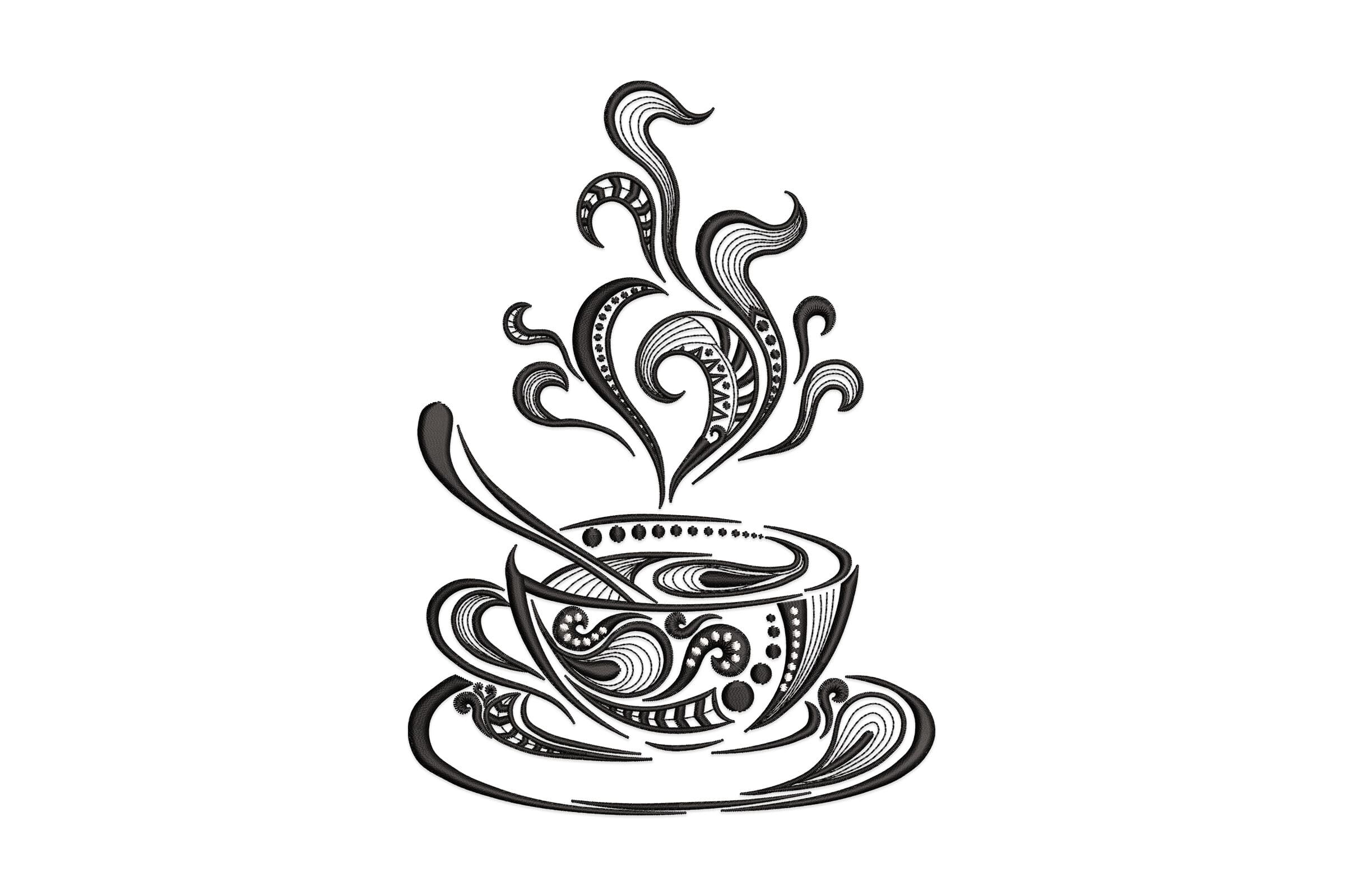Ornate Coffee Cup Outline – Machine Embroidery Design