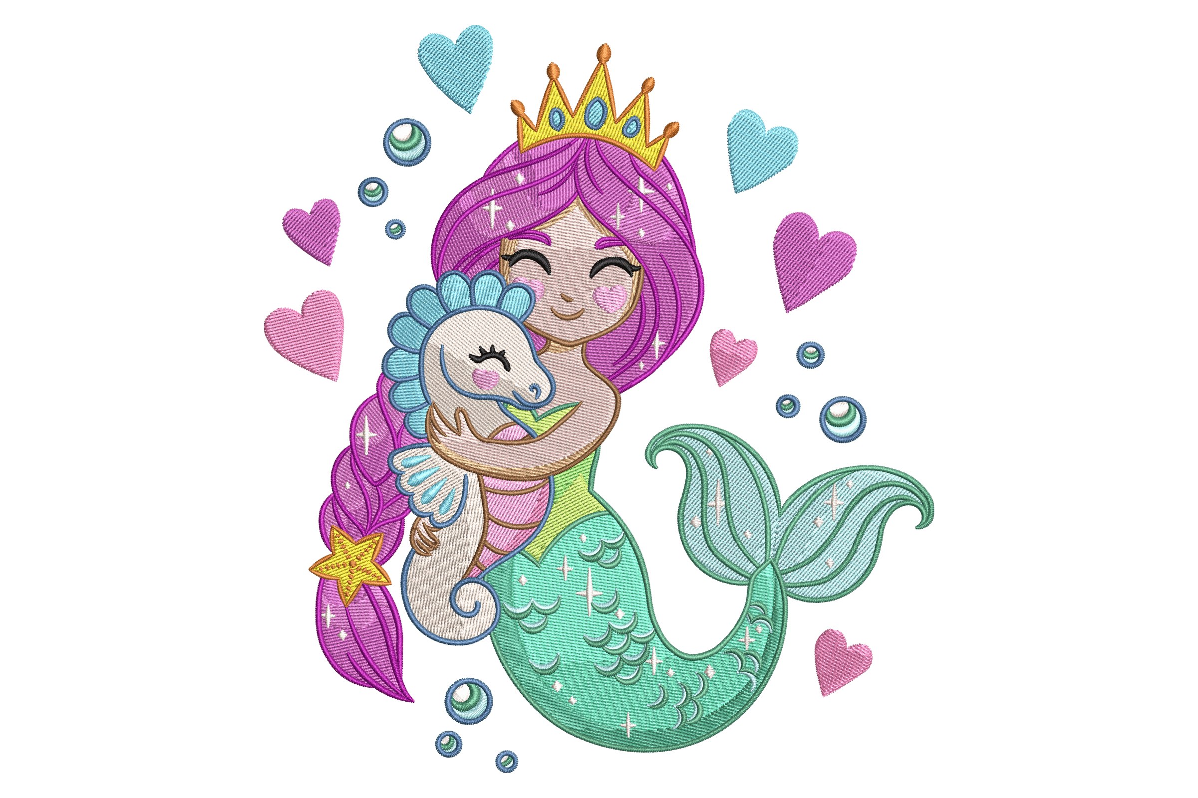 Mermaid Hugging Seahorse – Cute Embroidery Design