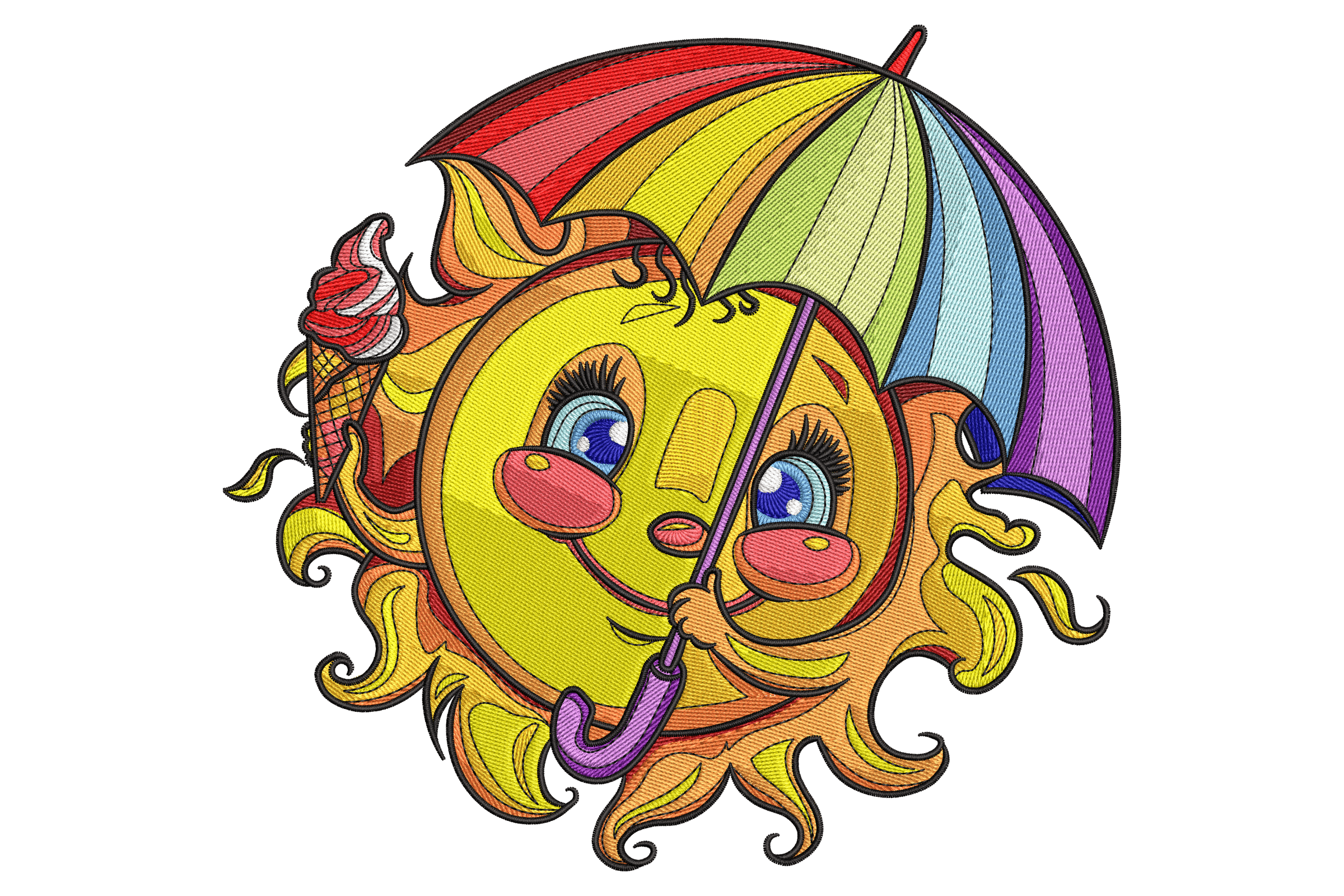 Cheerful Sun with Umbrella & Ice Cream Embroidery