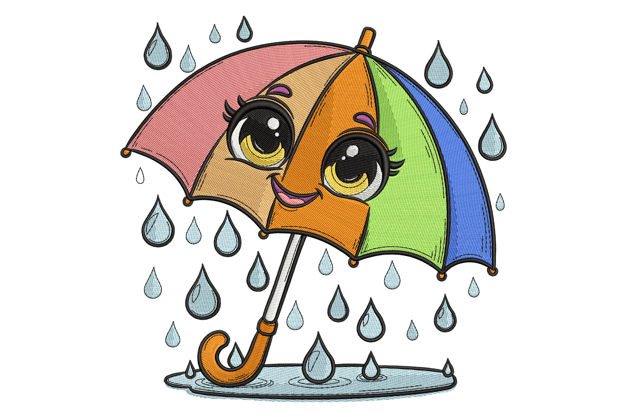Kawaii Umbrella & Raindrops – Kids Embroidery Design