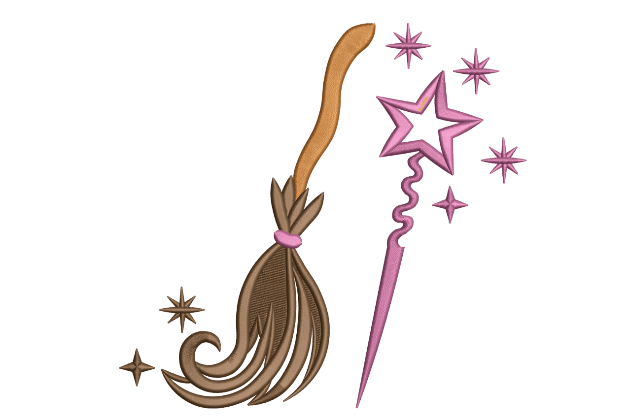 Magic Broom & Star Wand – Fantasy Embroidery Design