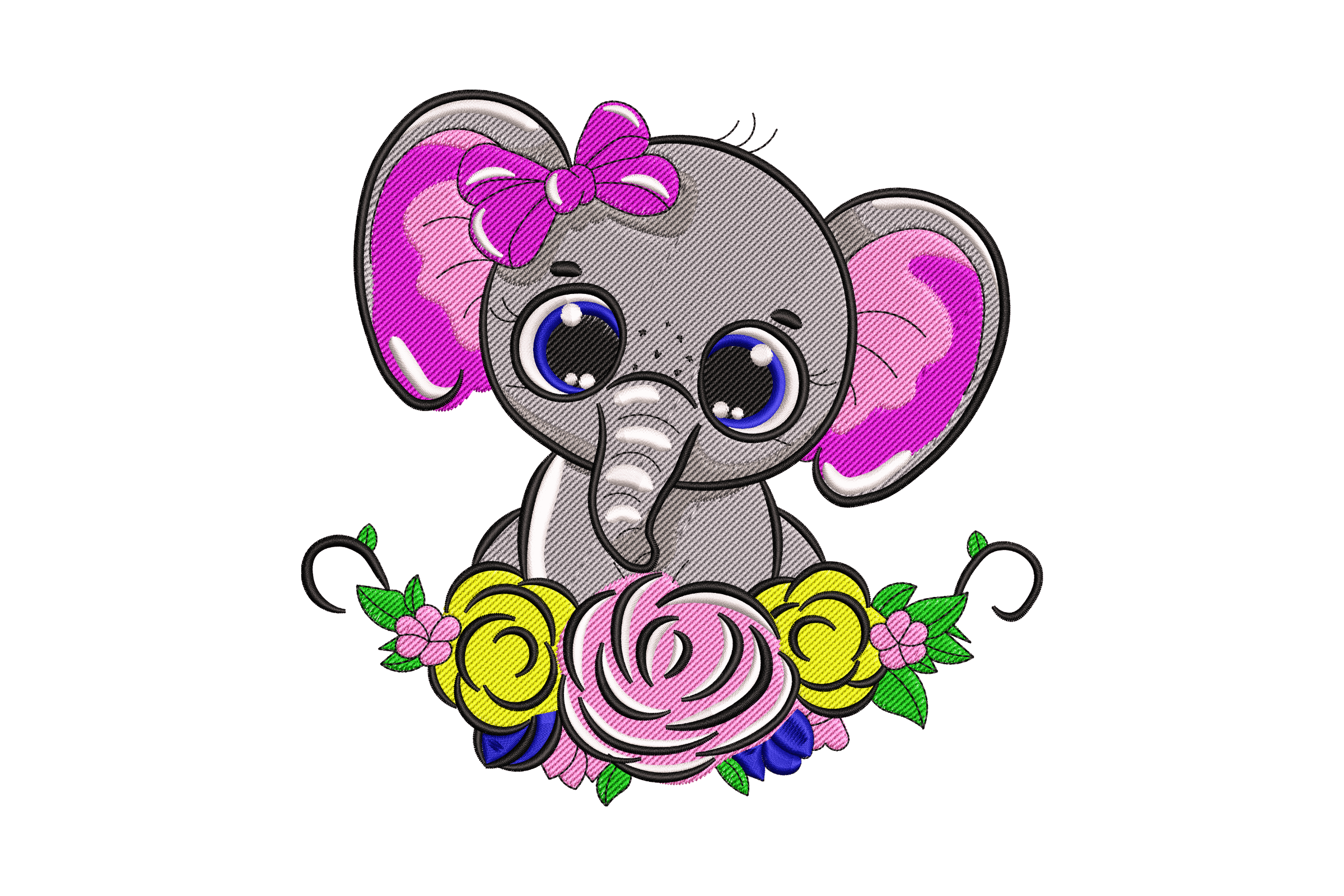 Elephant with Bow & Flowers – Cute Girl Nursery Embroidery  Design
