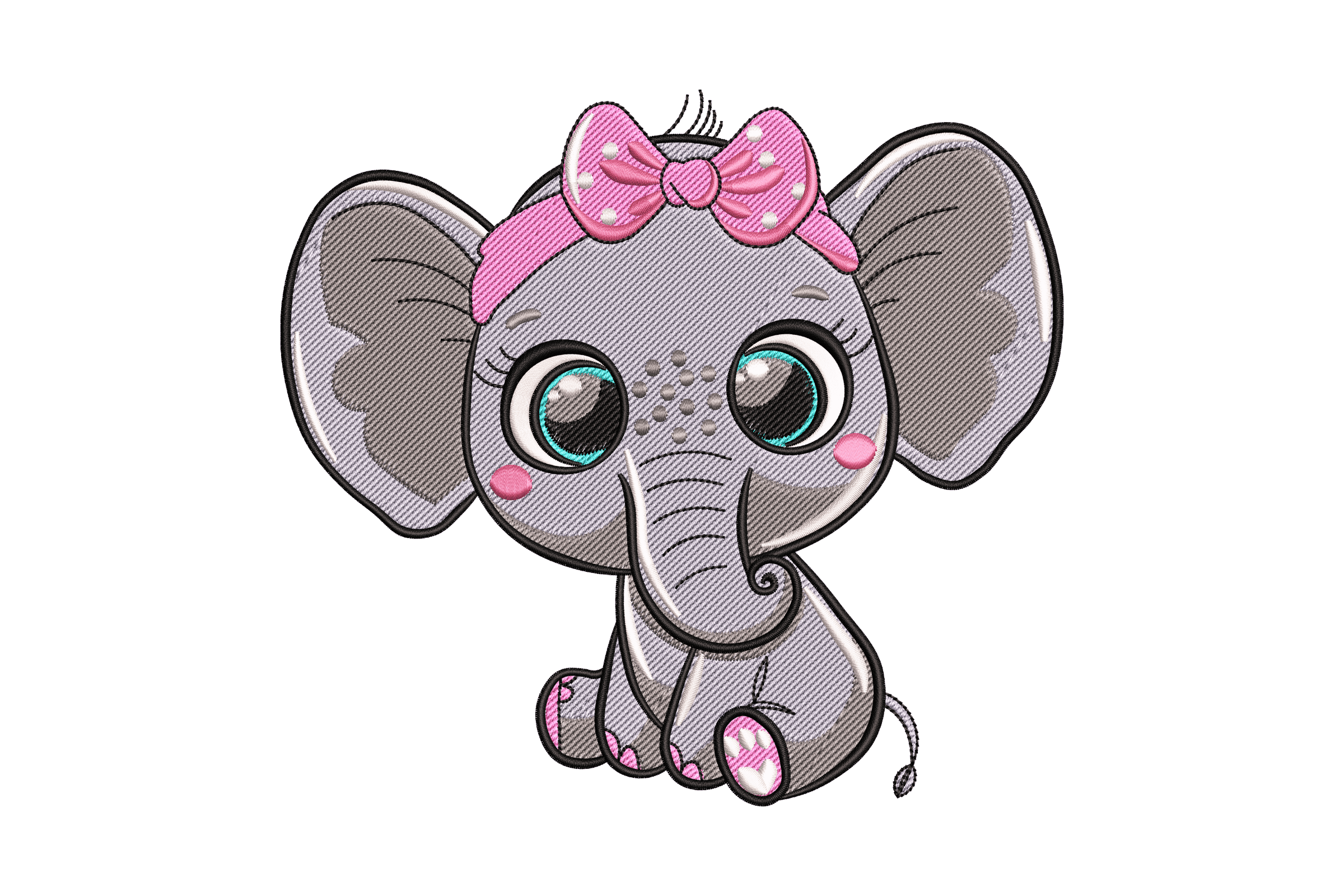 Big-Eyed Baby Elephant with Pink Bow Embroidery Design