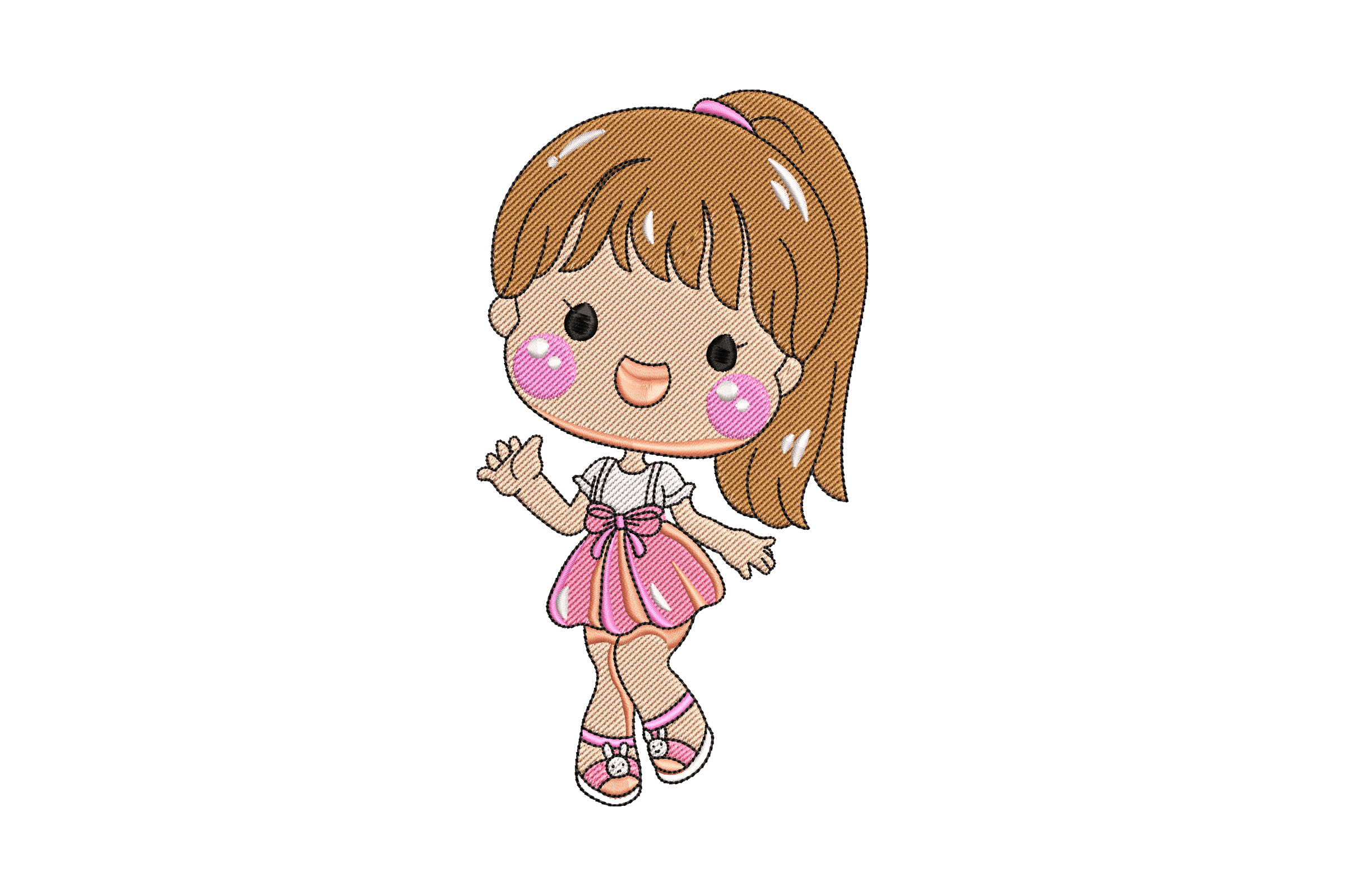 Waving Girl in Bow Skirt – Cute Kids Embroidery Design