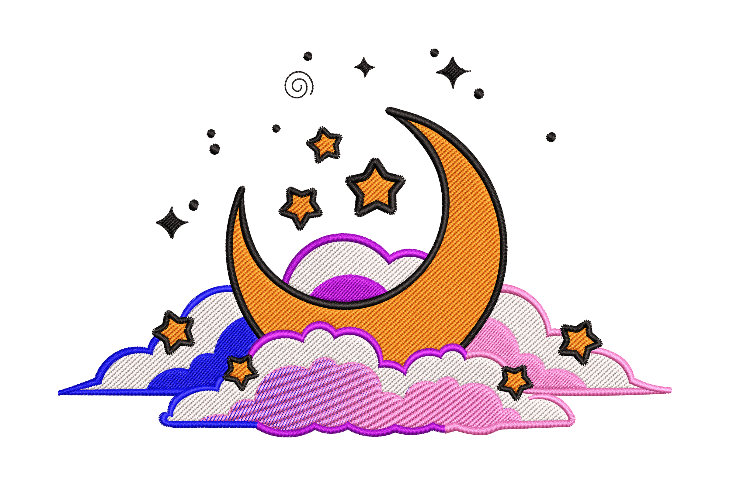Dreamy Moon & Stars – Colorful Clouds Embroidery Design