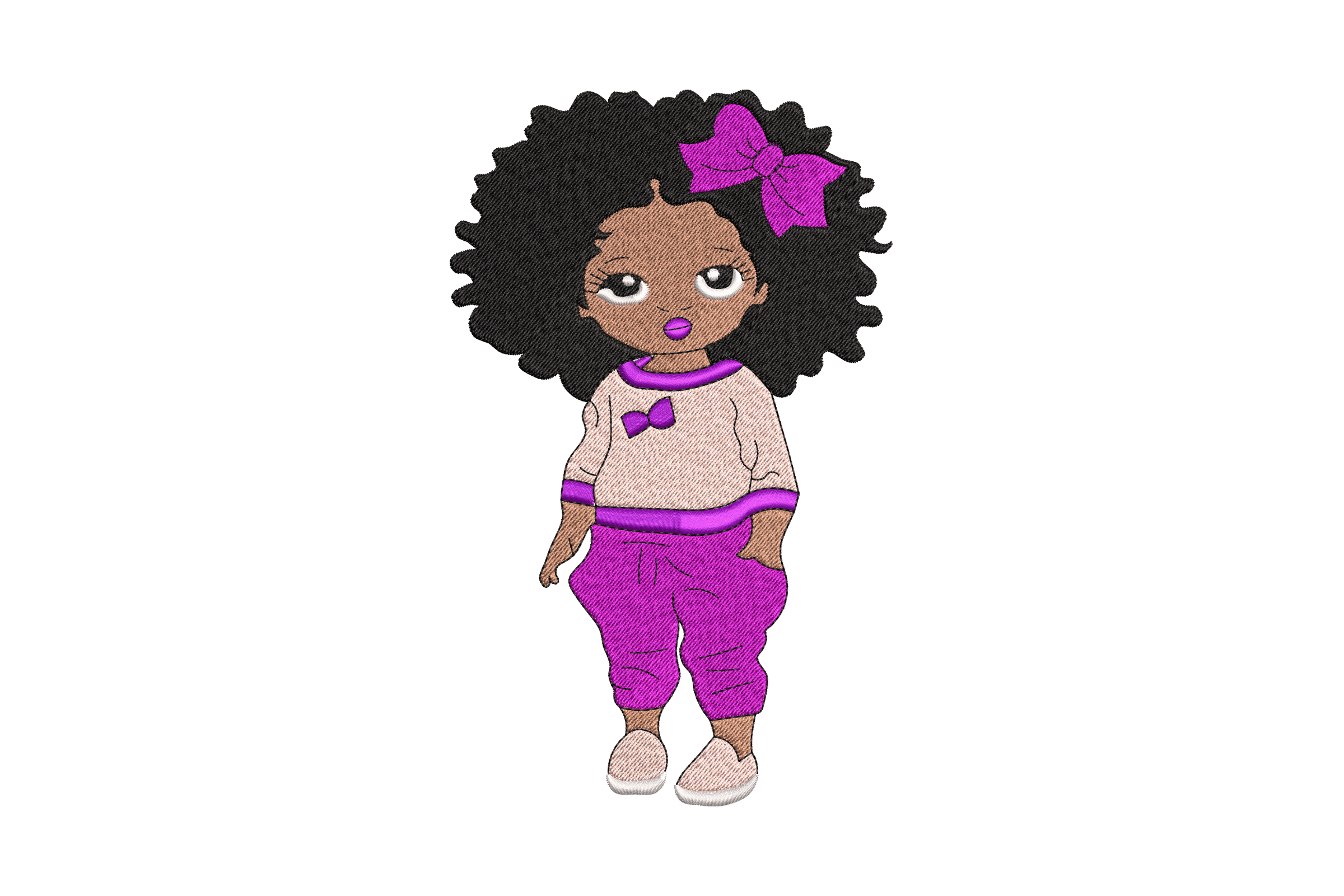 Curly Hair Girl with Bow – Stylish Kids Embroidery Design