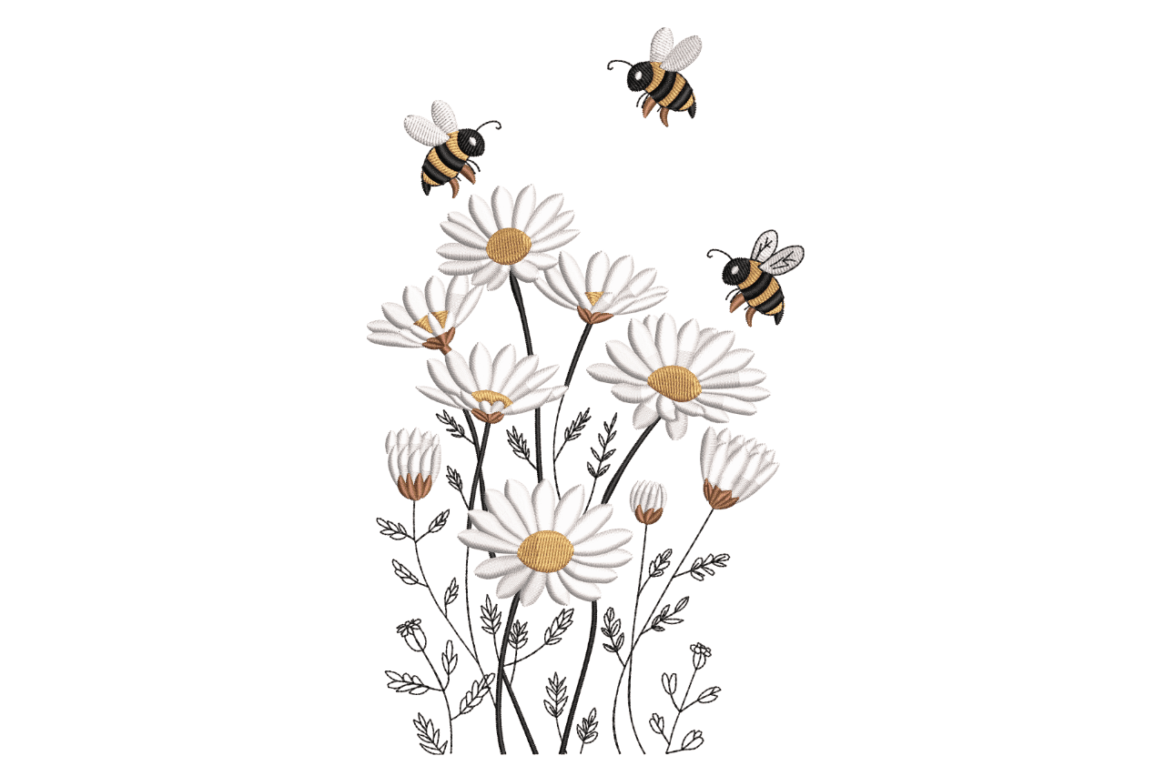 Bee & Daisy Bouquet – Spring Garden Machine Embroidery  Design