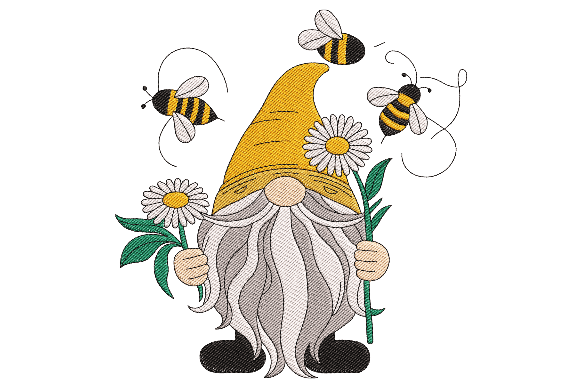 Bee Gnome with Daisies – Spring Embroidery Design