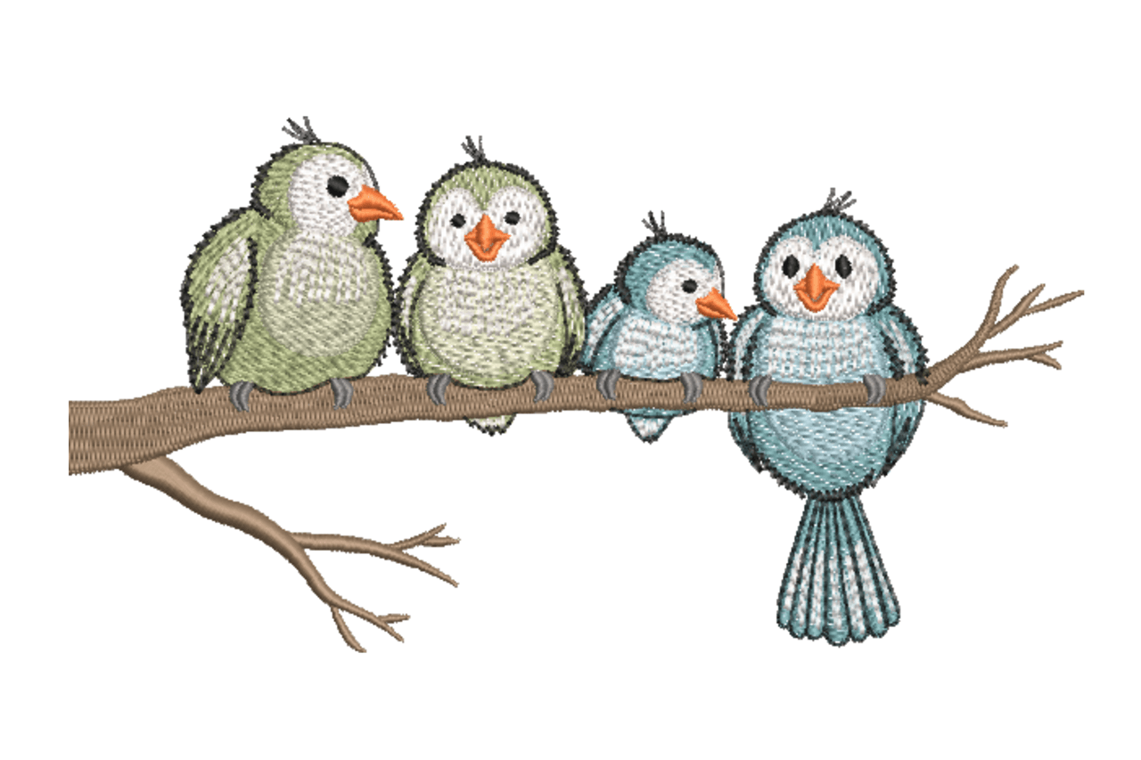 Bird Family on Branch – Cute Woodland Embroidery Design