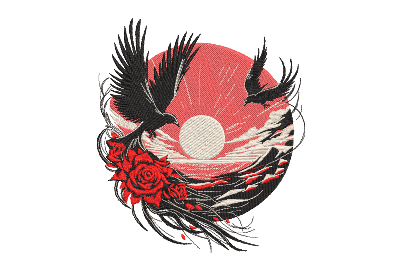 Mystic Crows & Red Roses – Gothic Nature Embroidery Design