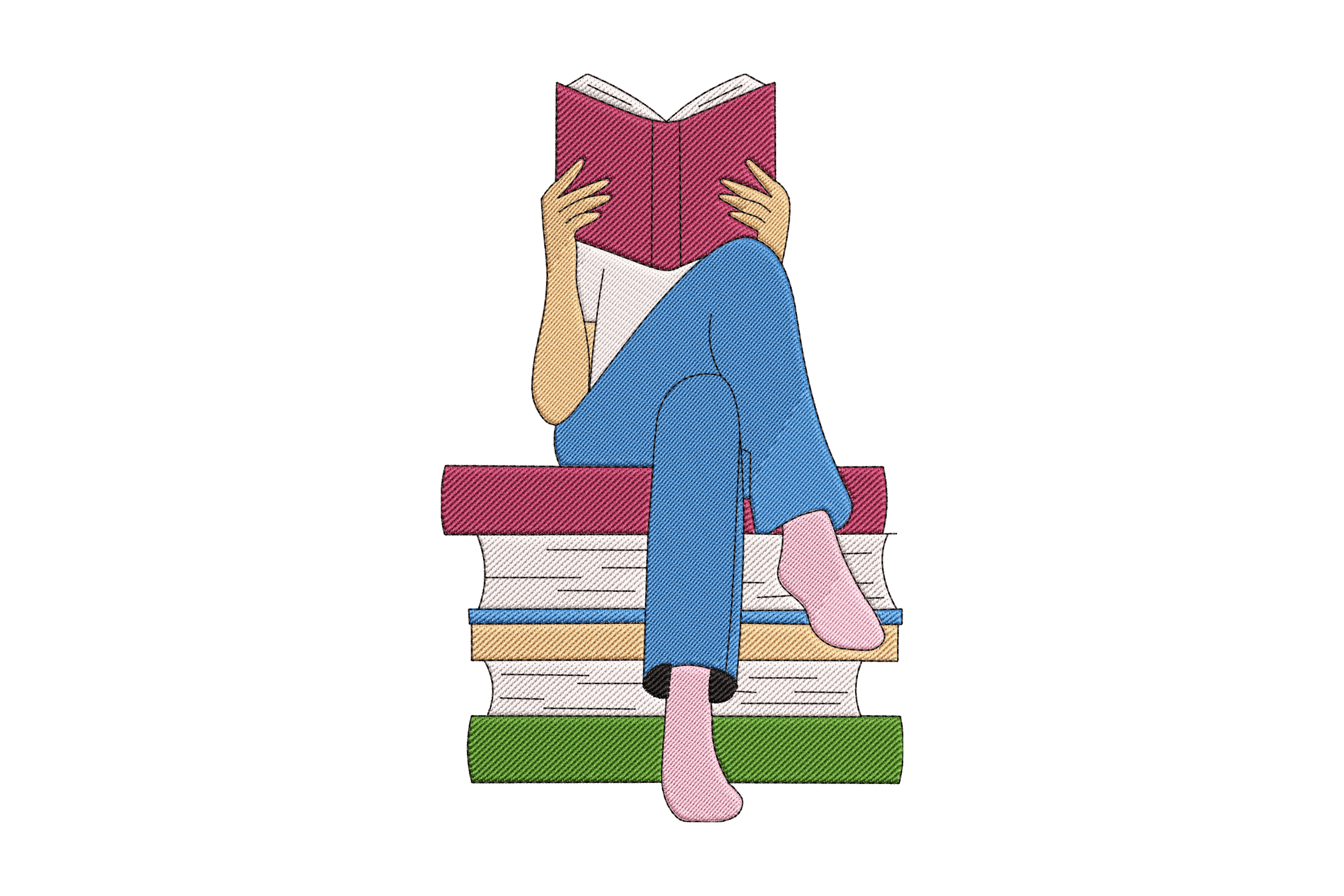 Reading Girl on Books – Bookworm Embroidery Design
