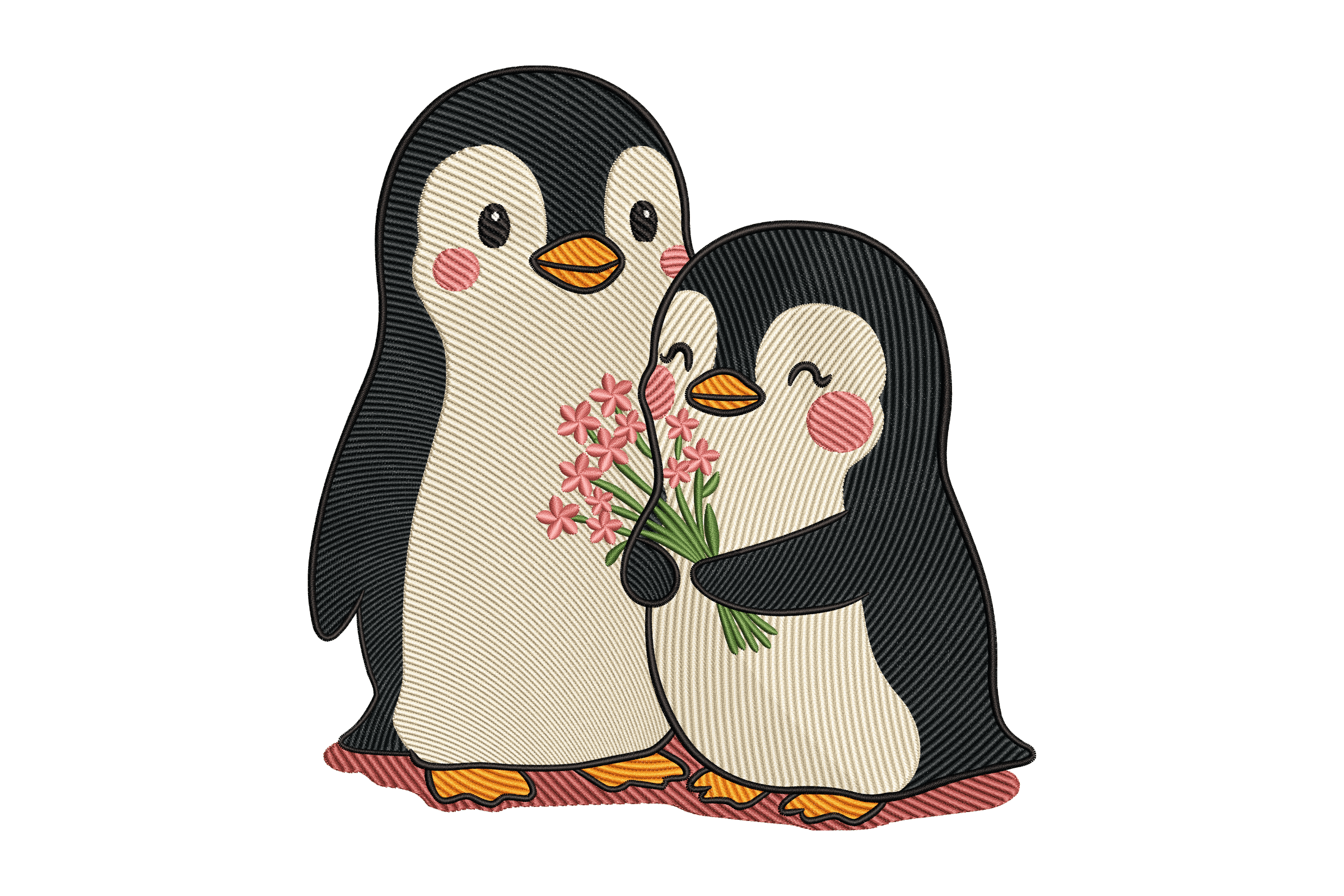 Cute Penguin Couple Flowers Machine Embroidery Design