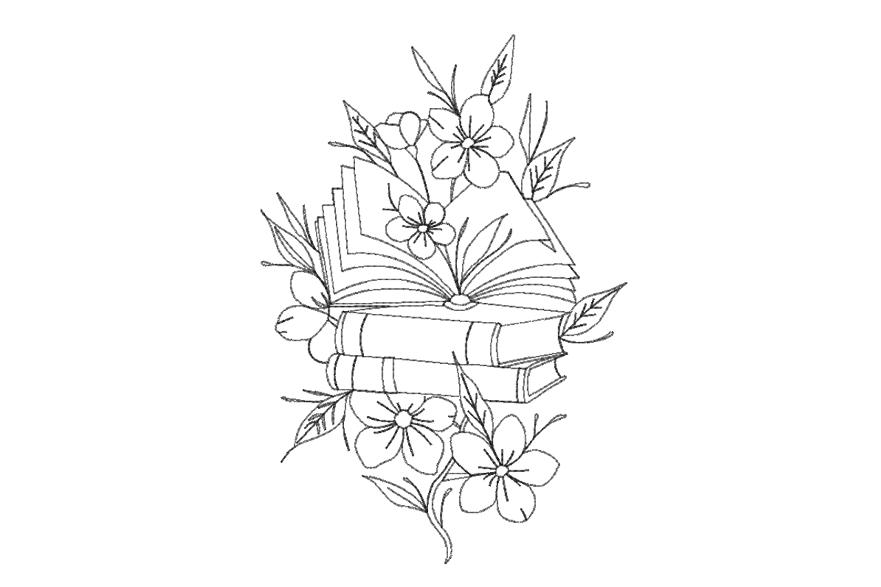 Floral Books Line Art Machine Embroidery Design