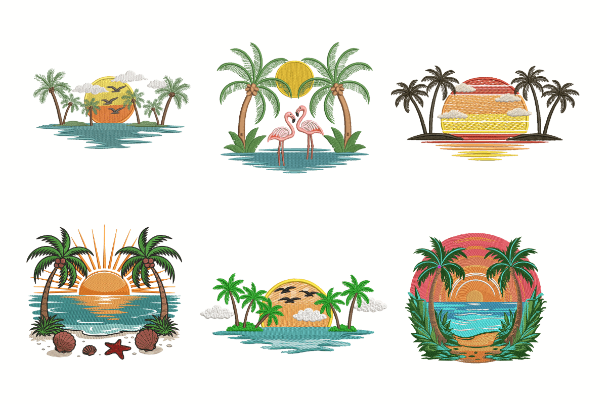 Tropical Sunset Beach Machine Embroidery Design Bundle