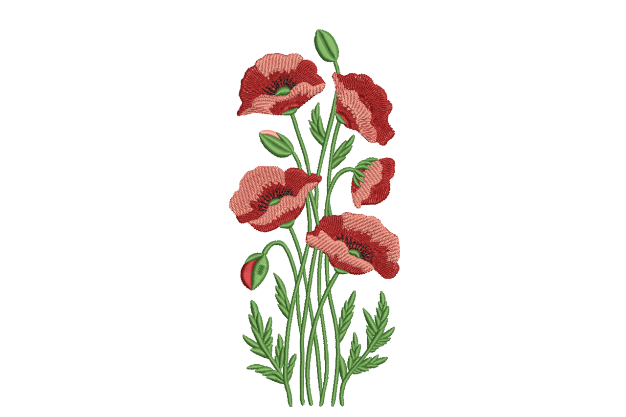 Red Poppy Wildflower Bouquet Machine Embroidery Design