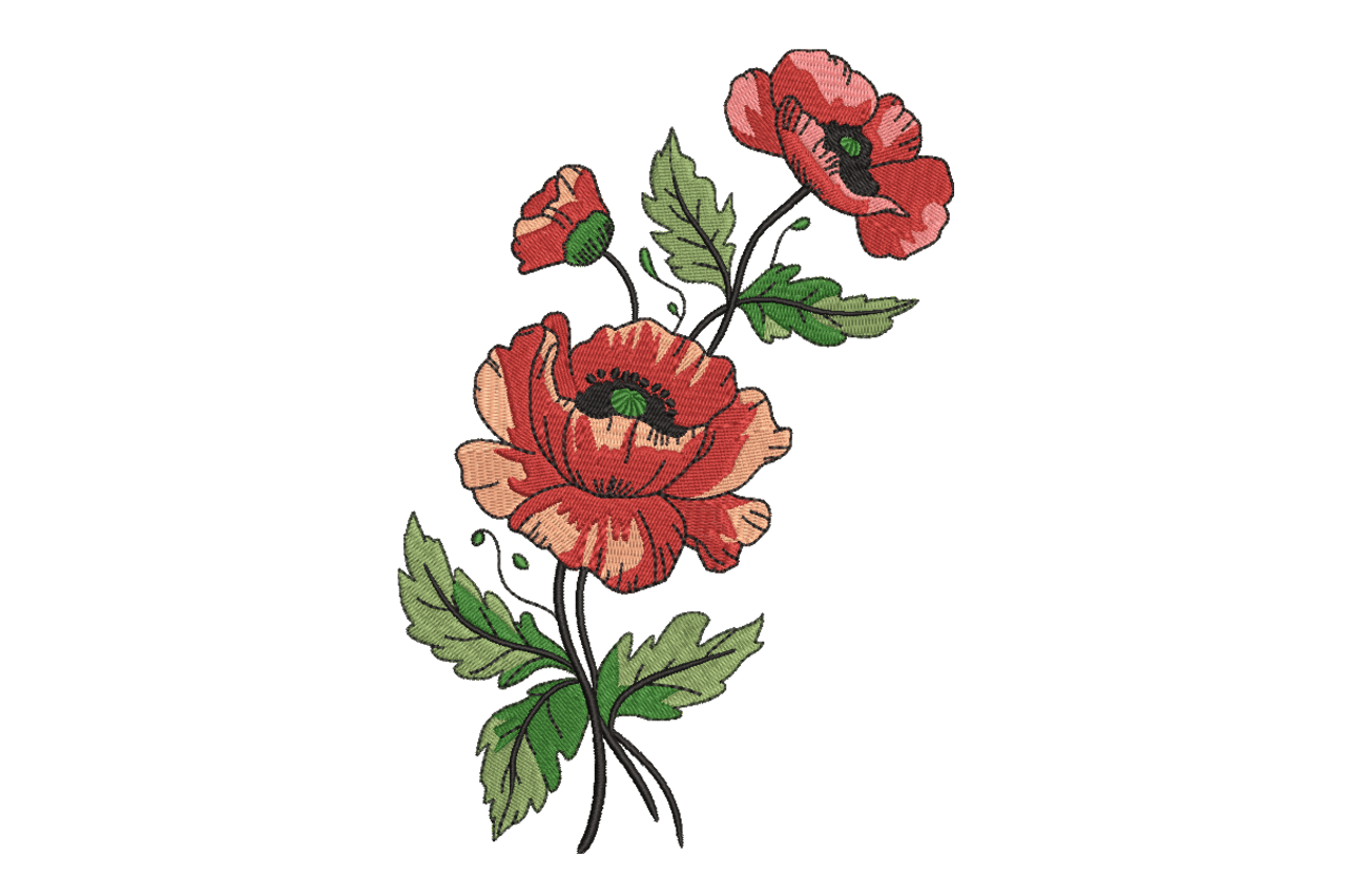 Vintage Red Poppy Wildflower Botanical Machine Embroidery Design