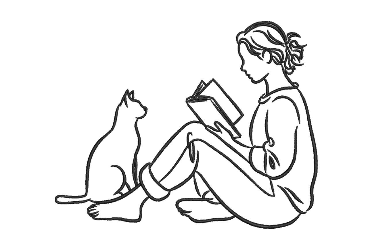 Reading Girl with Cat Line Art Machine Embroidery Design
