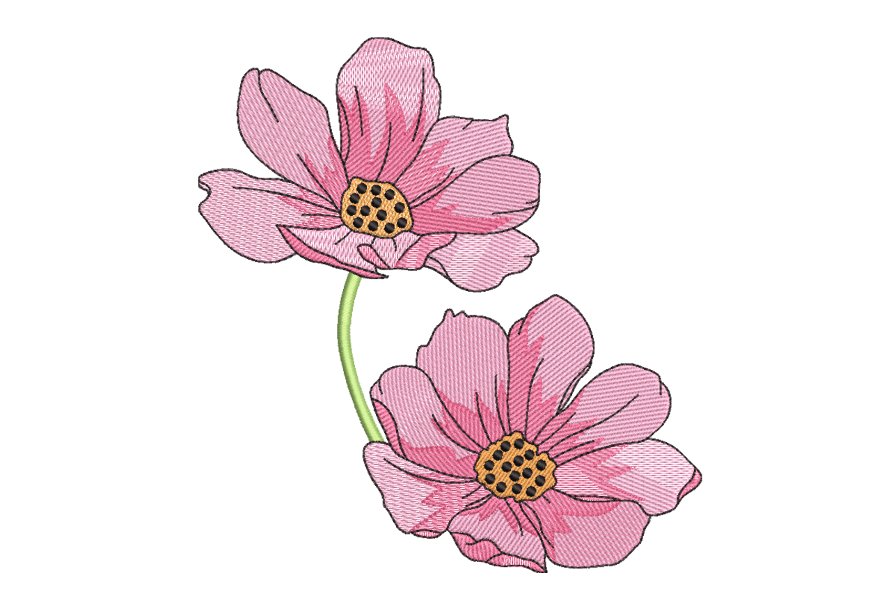 Pink Cosmos Flower Pair Machine Embroidery Design