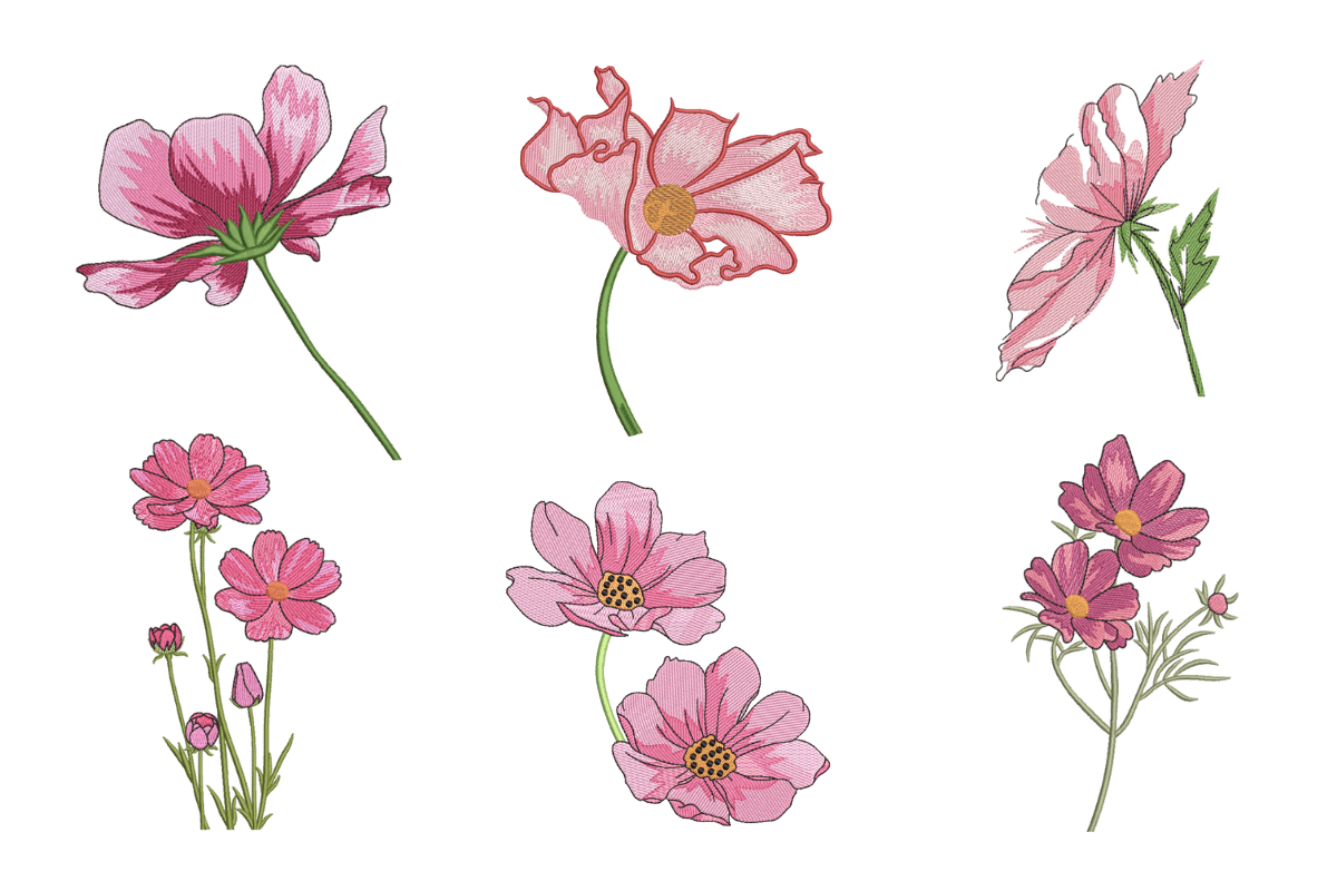 Pink Cosmos Flower Machine Embroidery Design Bundle