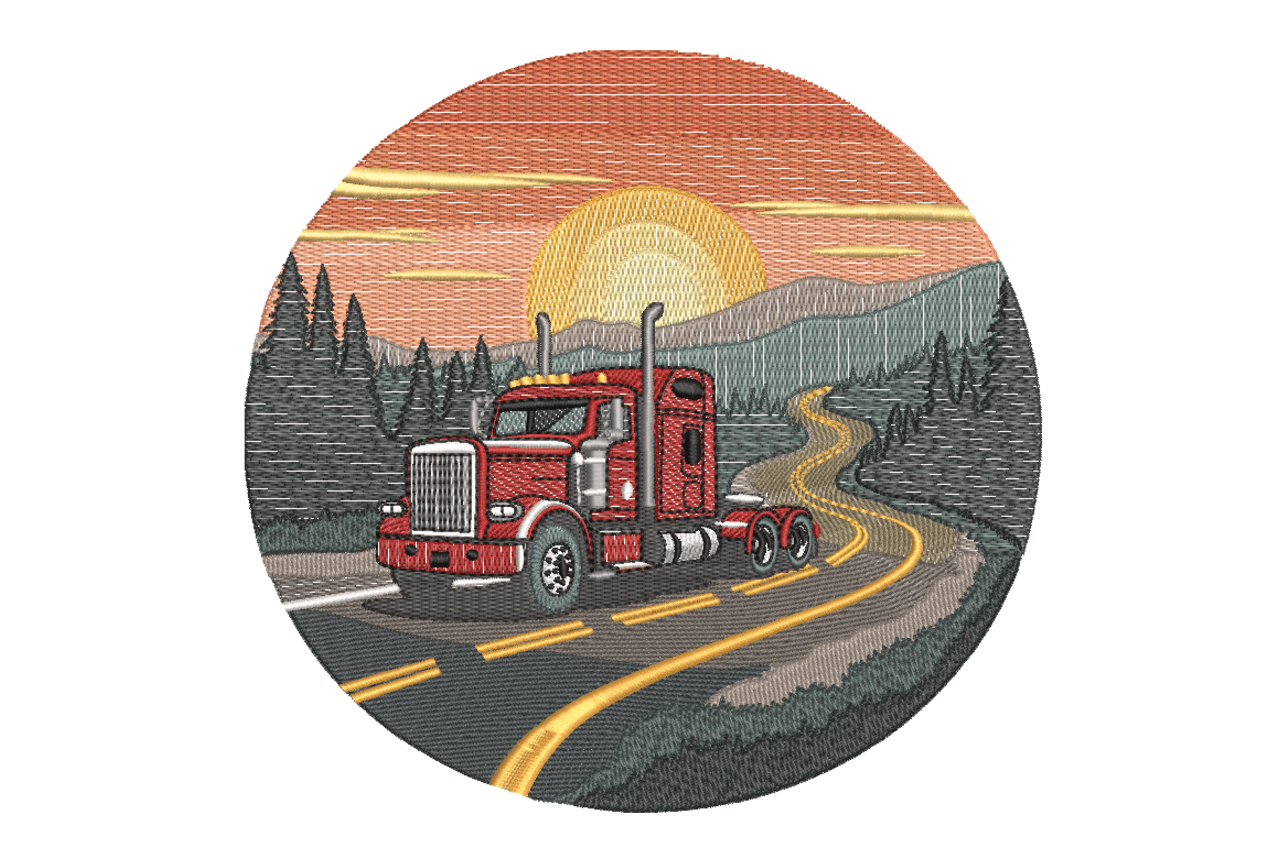 Vintage Sunset Semi Truck Machine Embroidery Design