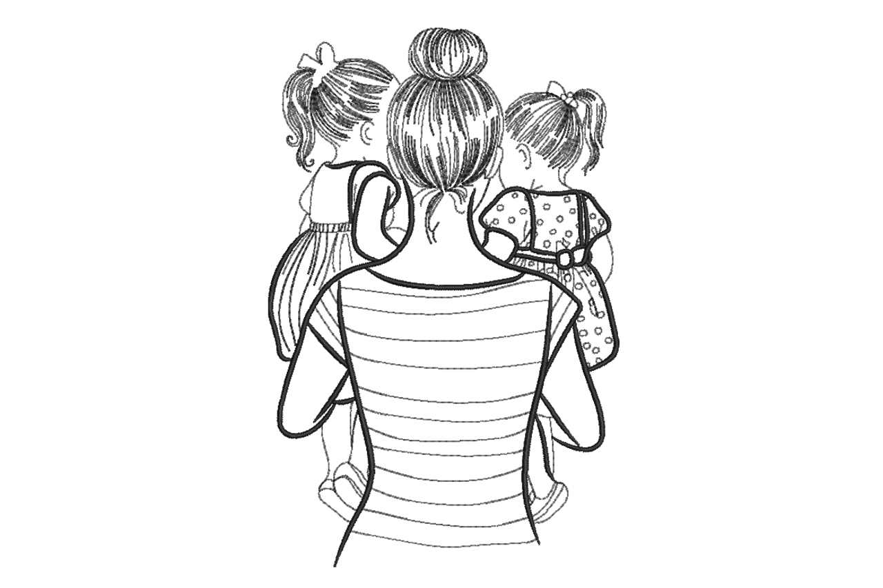 Mother Daughters Line Art Machine Embroidery Design