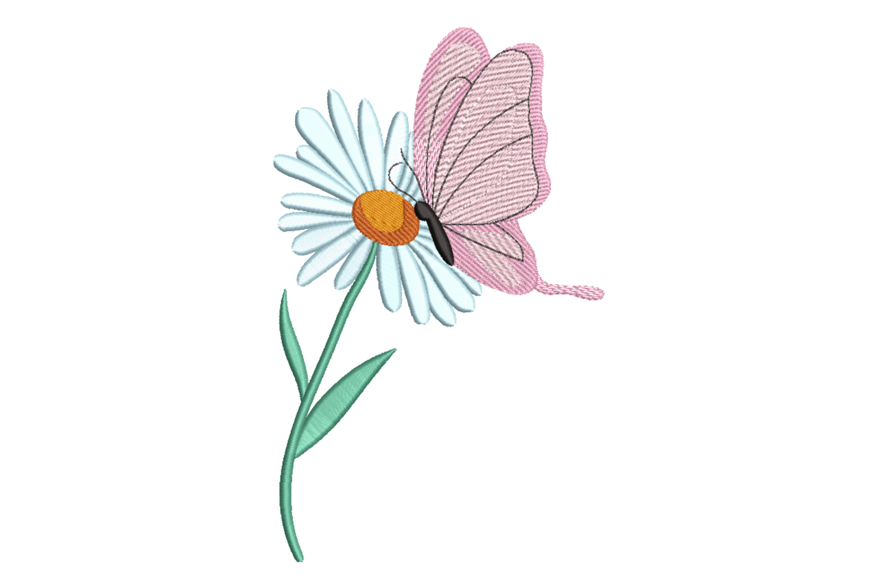 Butterfly on Daisy Flower Machine Embroidery Design