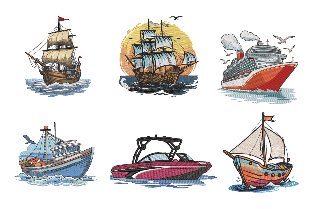 Assorted Ships & Boats Machine Embroidery Design Bundle