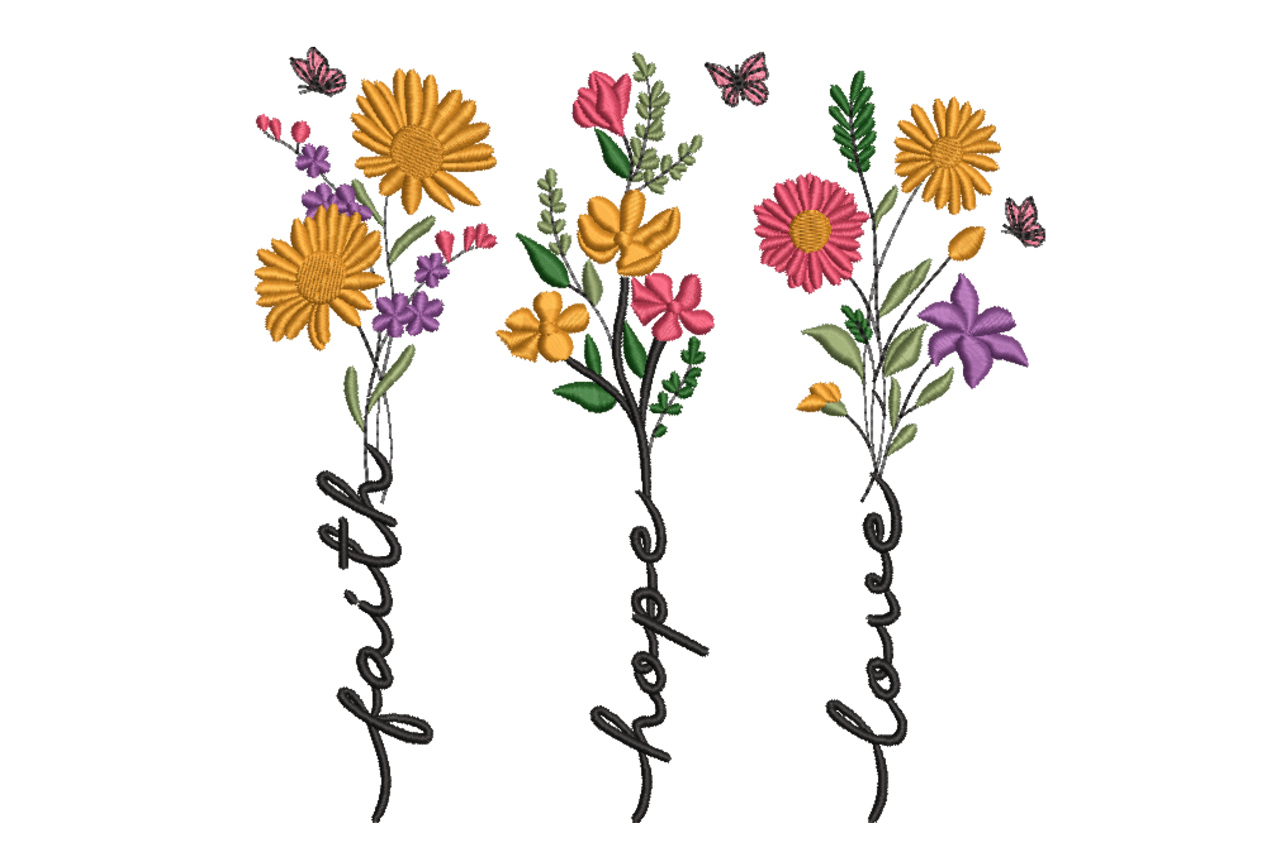 Love Floral Trio Machine Embroidery Design