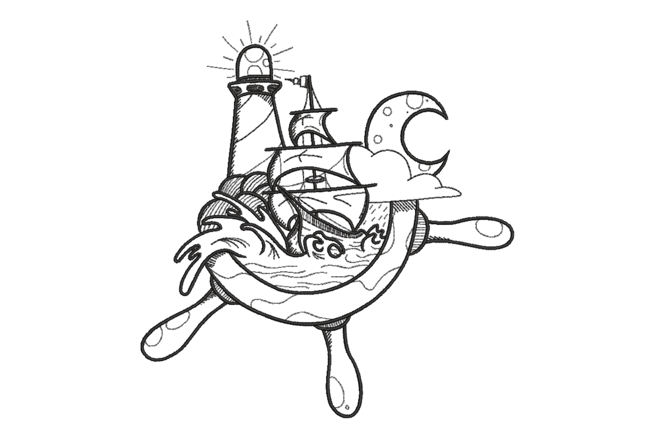 Nautical Lighthouse Ship Line Art Machine Embroidery Design