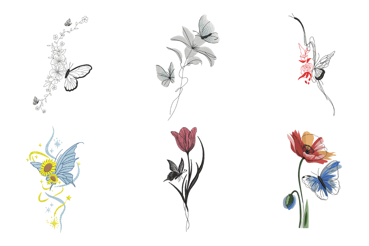 Hand-Drawn Floral & Butterfly Machine Embroidery Design Bundle