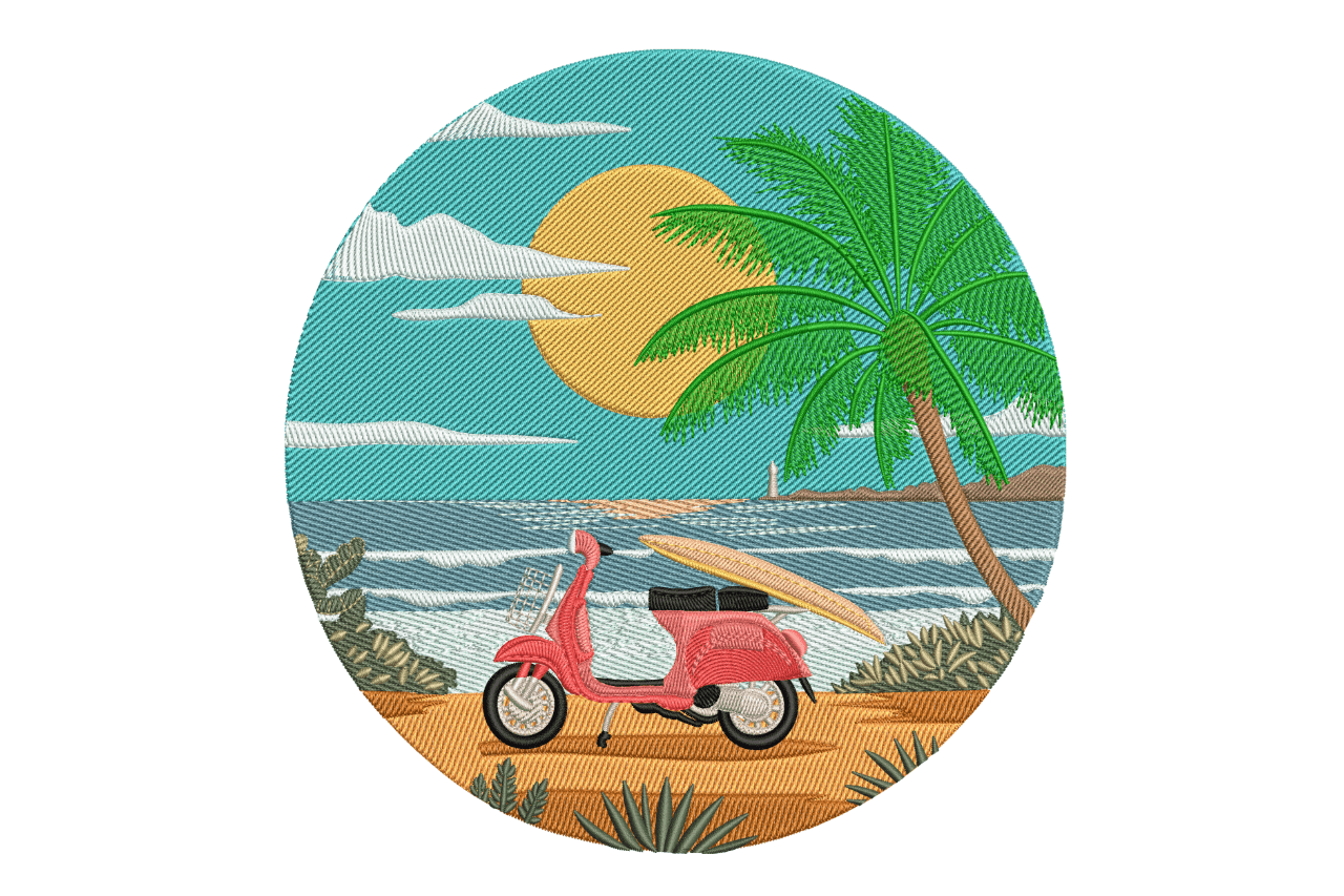 Beach Scooter Paradise Machine Embroidery Design