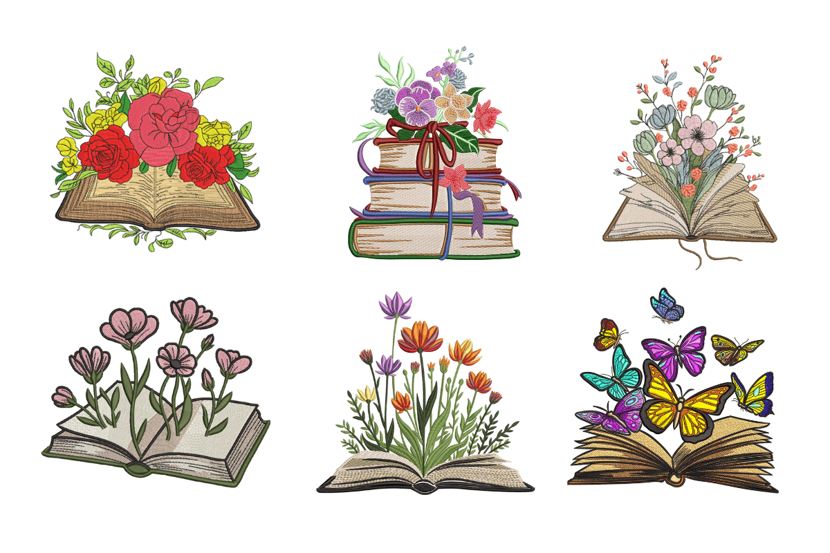 Vintage Book & Floral Butterfly Machine Embroidery Design Bundle