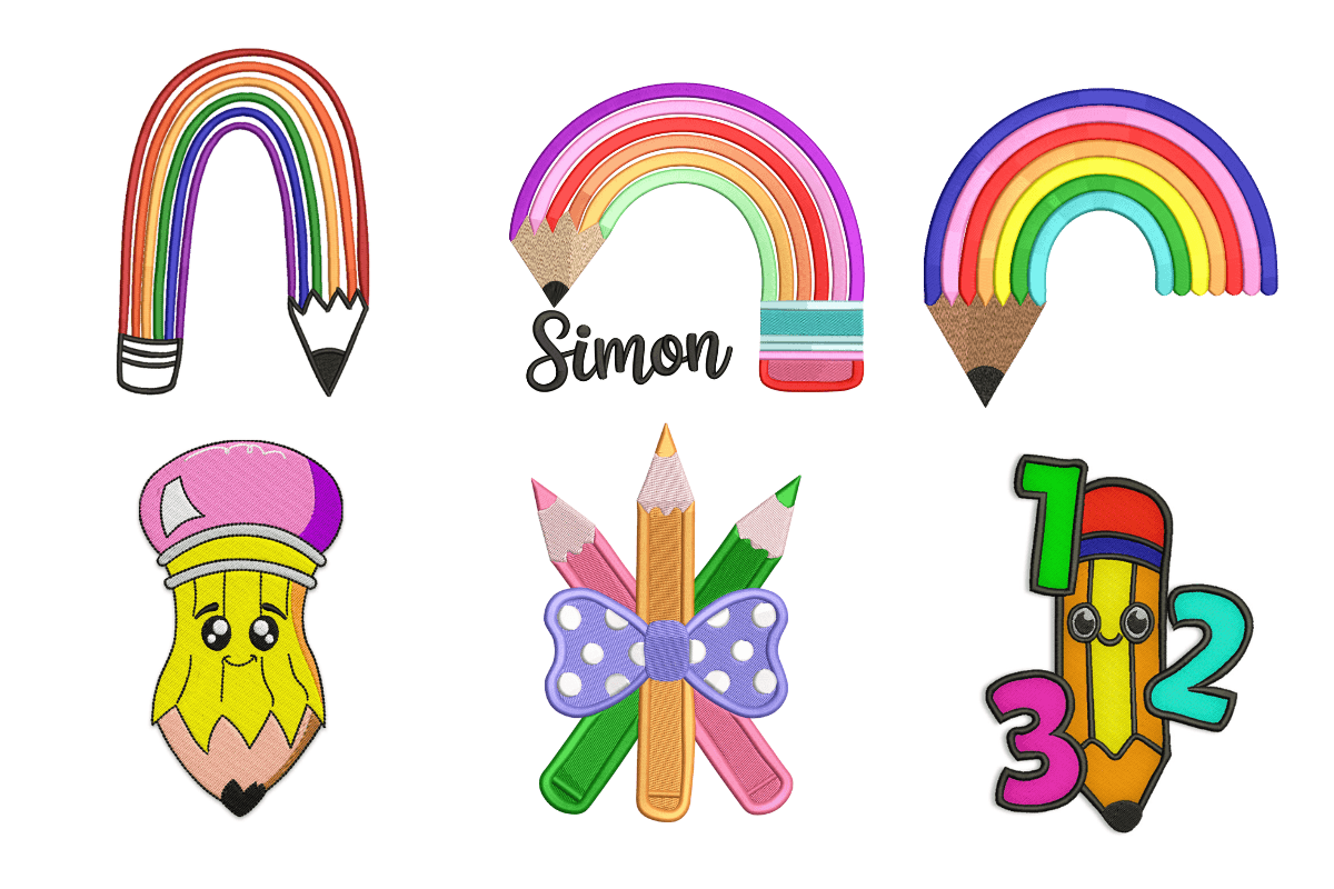School Supplies & Rainbow Pencil Machine Embroidery Design Bundle