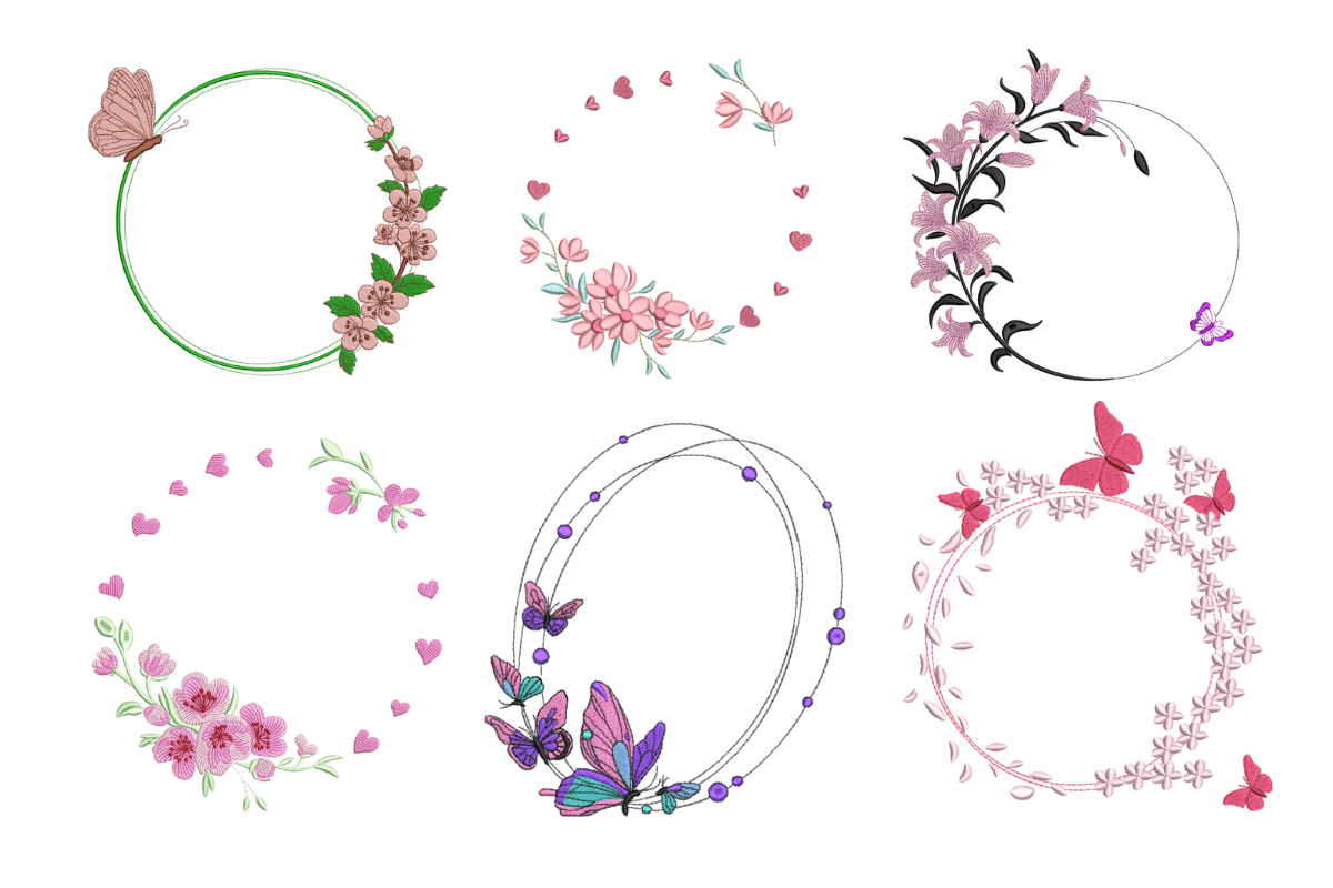 Floral Butterfly Wreath Frame Machine Embroidery Design Bundle