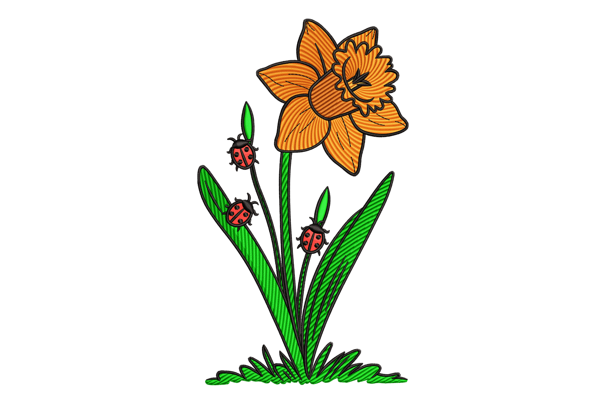 Daffodil with Ladybugs Machine Embroidery Design