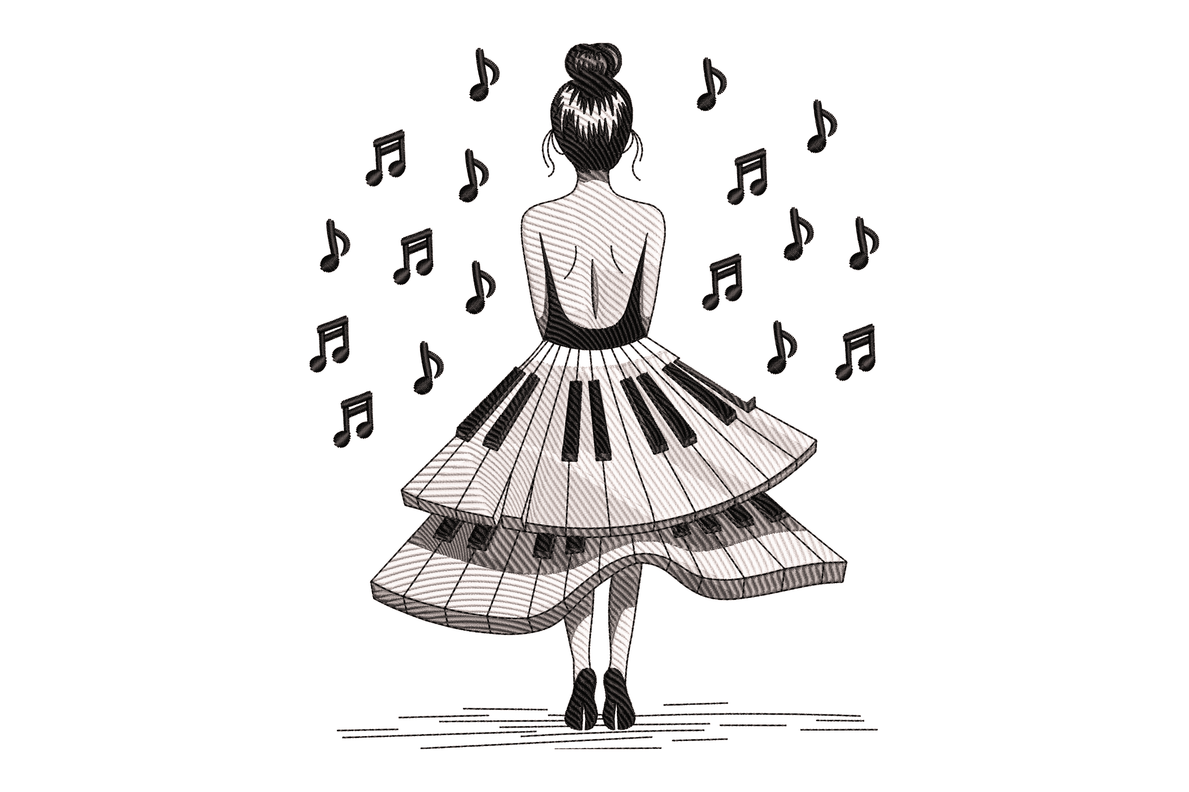 Piano Dress Music Girl Machine Embroidery Design