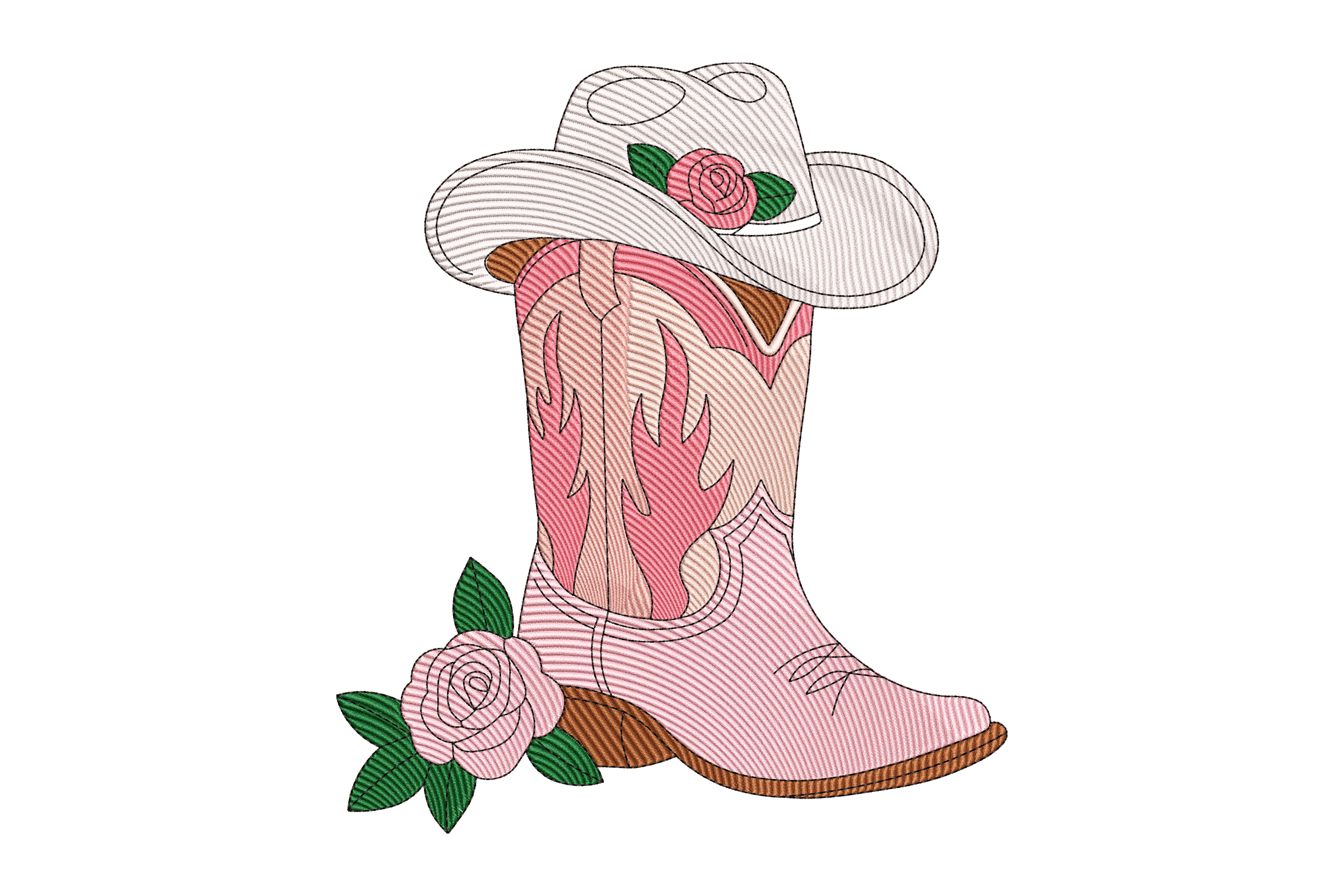 Pink Cowgirl Boot and Hat Roses Machine Embroidery Design