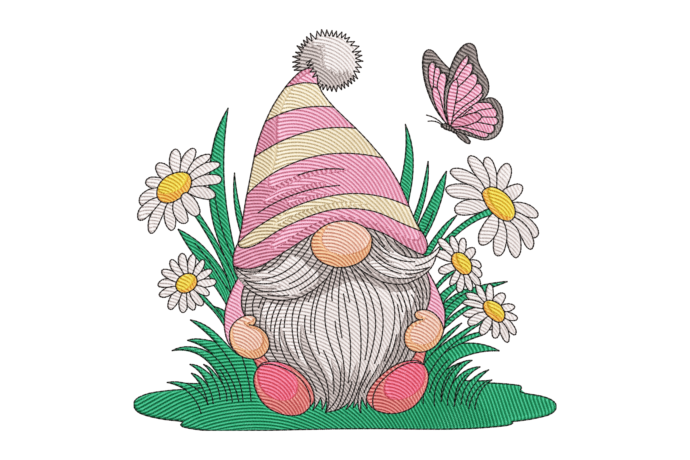 Pink Daisy Garden Gnome Machine Embroidery Design