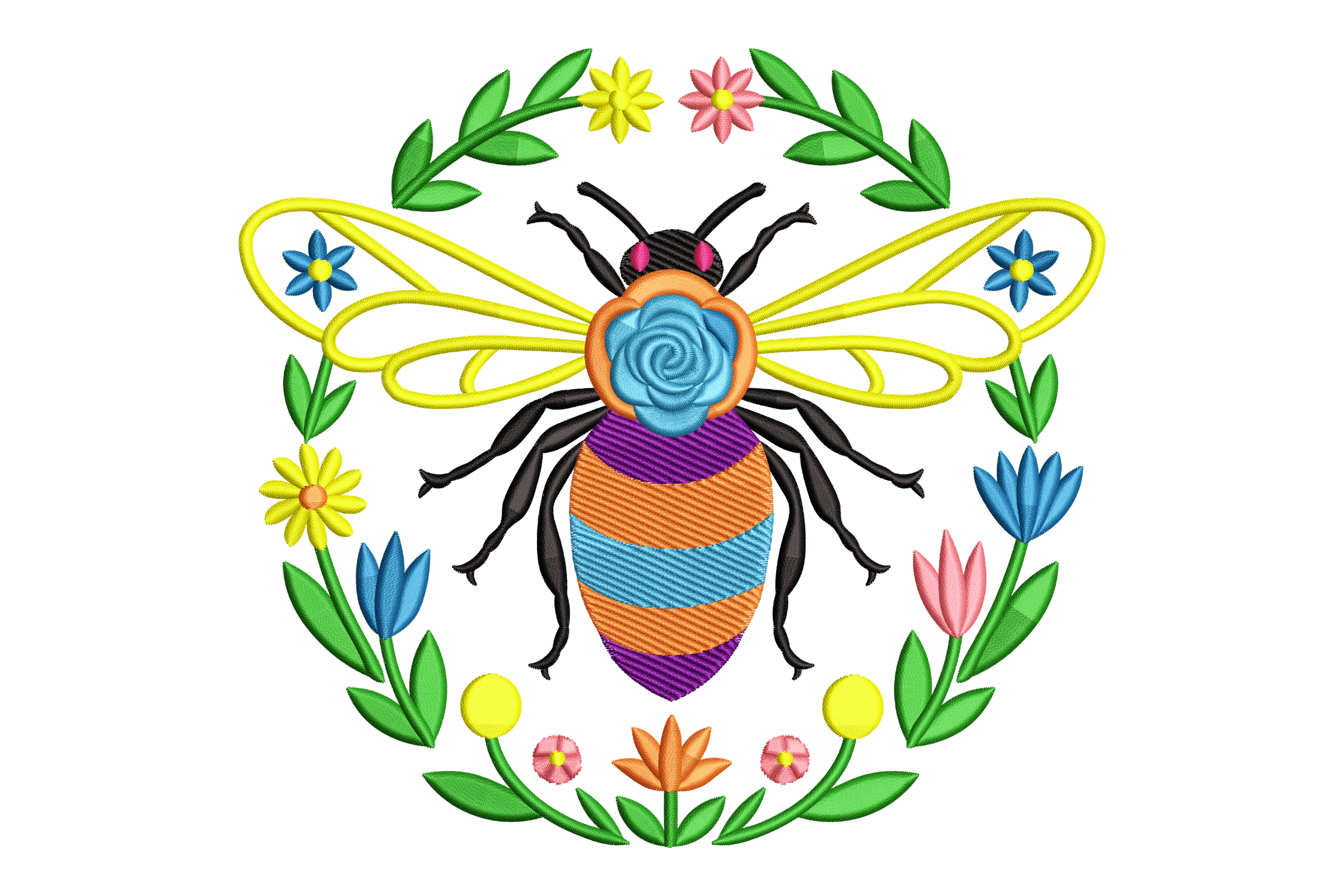 Colorful Floral Bumblebee Machine Embroidery Design